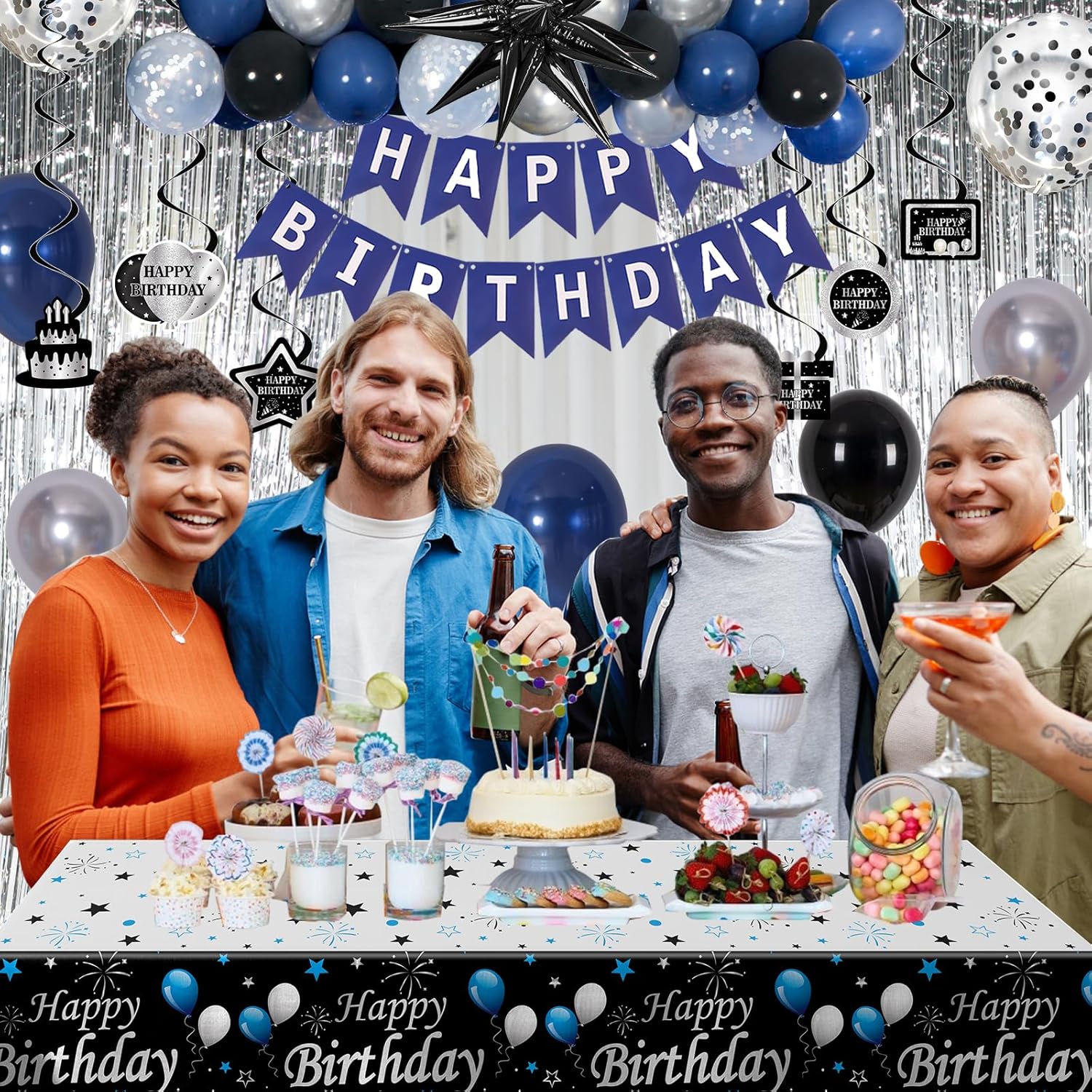Blue and Black Birthday Decorations for Men Women Boys, Happy Birthday Decorations Banner Balloons Tablecover Fringe Curtain Door Banner Blue Silver, Mens Boy Bday Party Decoration Supplies Decor - Image 7