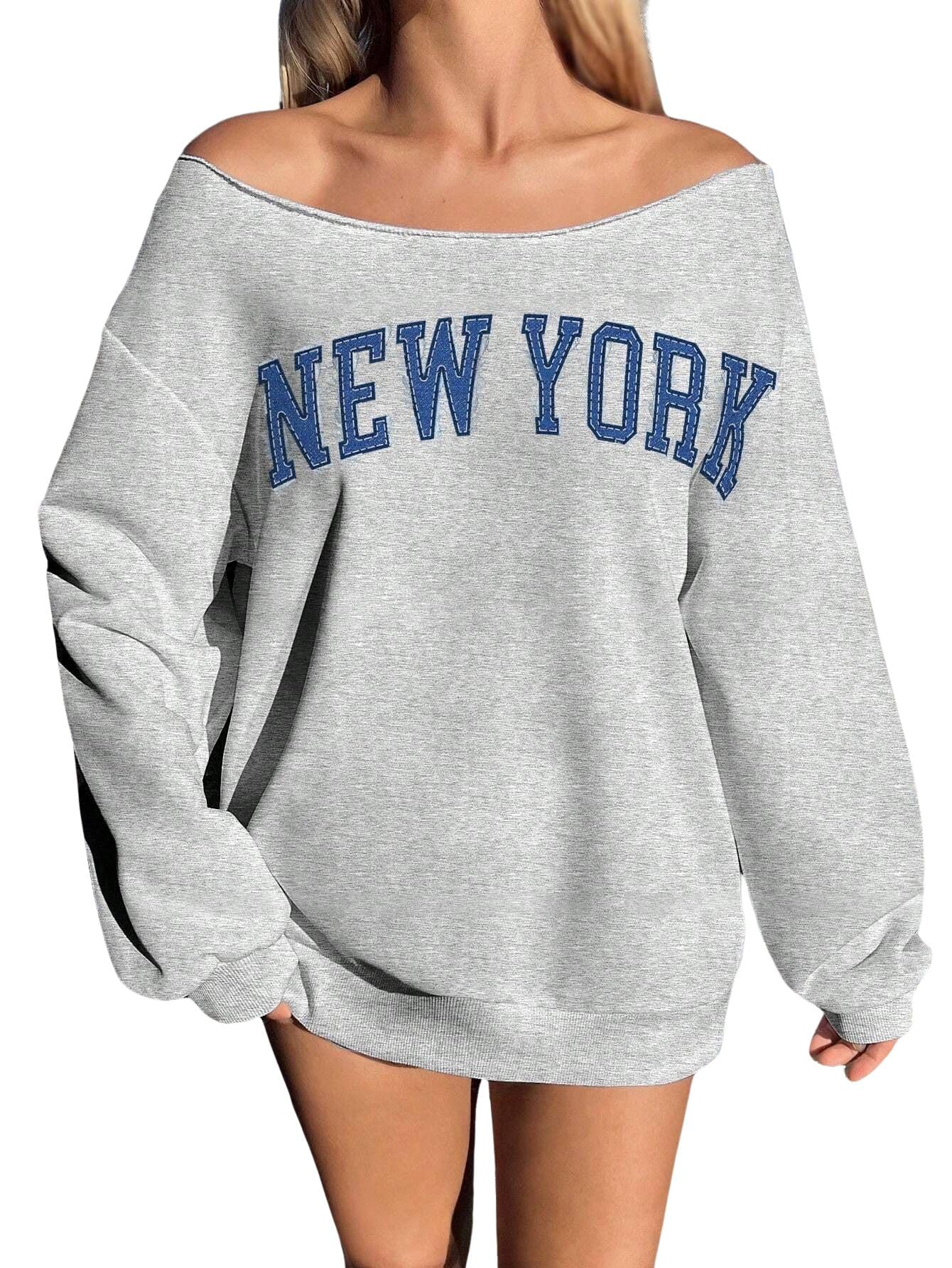 New York Women's Off-Shoulder Loose Casual Minimalist Letter Graphic Print Long Sleeve Sweatshirt Back to School Fall and Winter Clothing-image-19