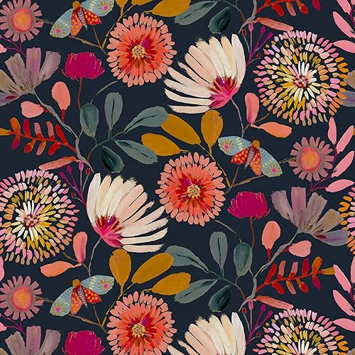 Wallpaper Peel and Stick Floral Wall Paper Removable Waterproof Navy/Pink/Orange