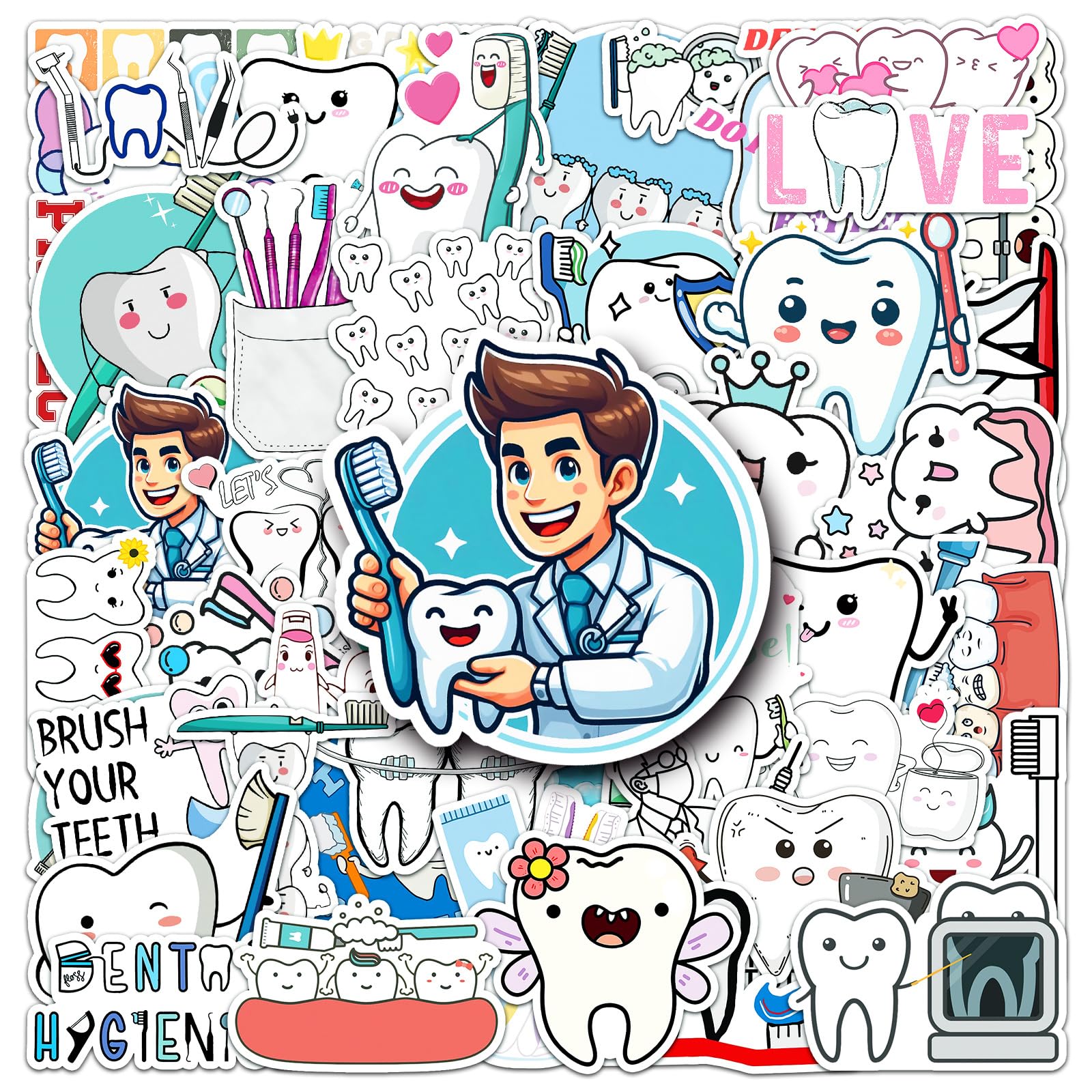 Kaensc 50Pcs Funny Tooth Stickers For Teens Kids Adults,Cartoon Dental Dentist Care Waterproof Sticker For Water Bottles Luggage Scrapbook Cups Luggage Bicycle Computer Skateboard Snowboard Phone