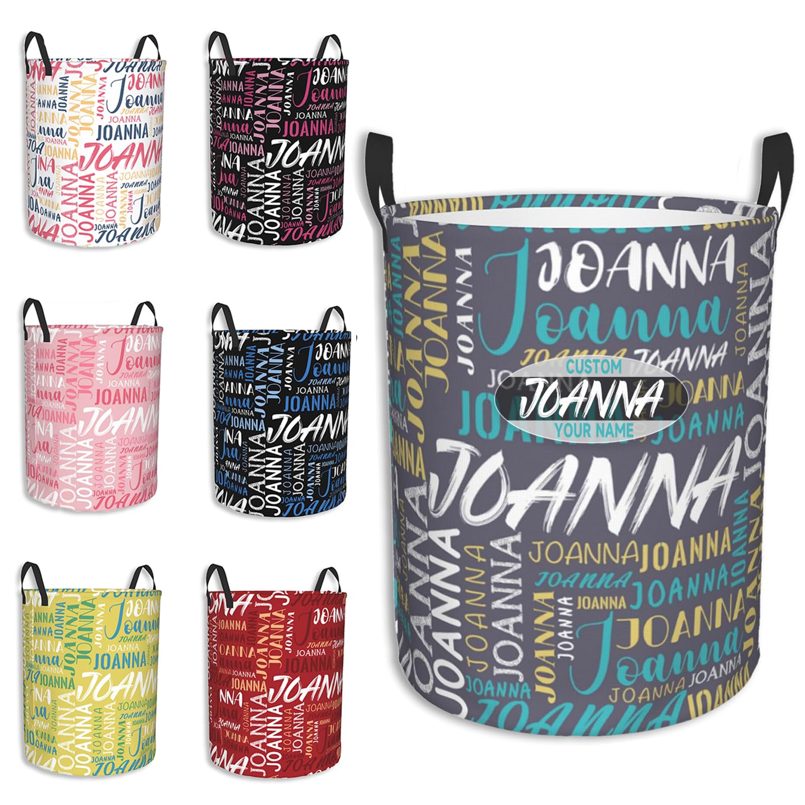 Custom Laundry Basket with Name, Personalized Circular Laundry Hamper, Customized Dirty Clothes Storage Basket with Handle for Bedroom (Grey)
