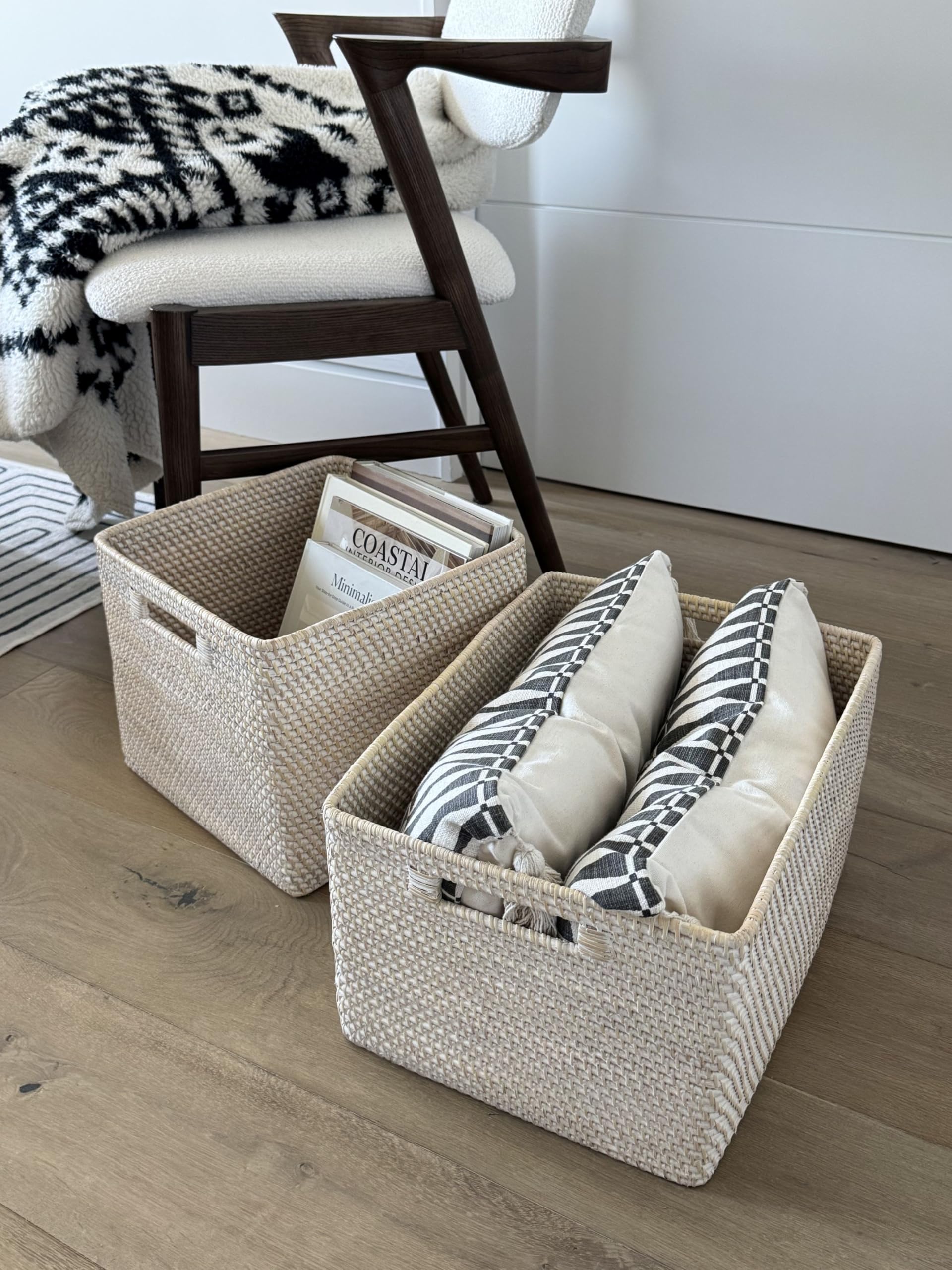 Loma Rectangular Rattan Storage Basket with Cut-Out Handles - White-Wash - Coastal-Inspired Handwoven Rattan Basket for Home Organization & Décor