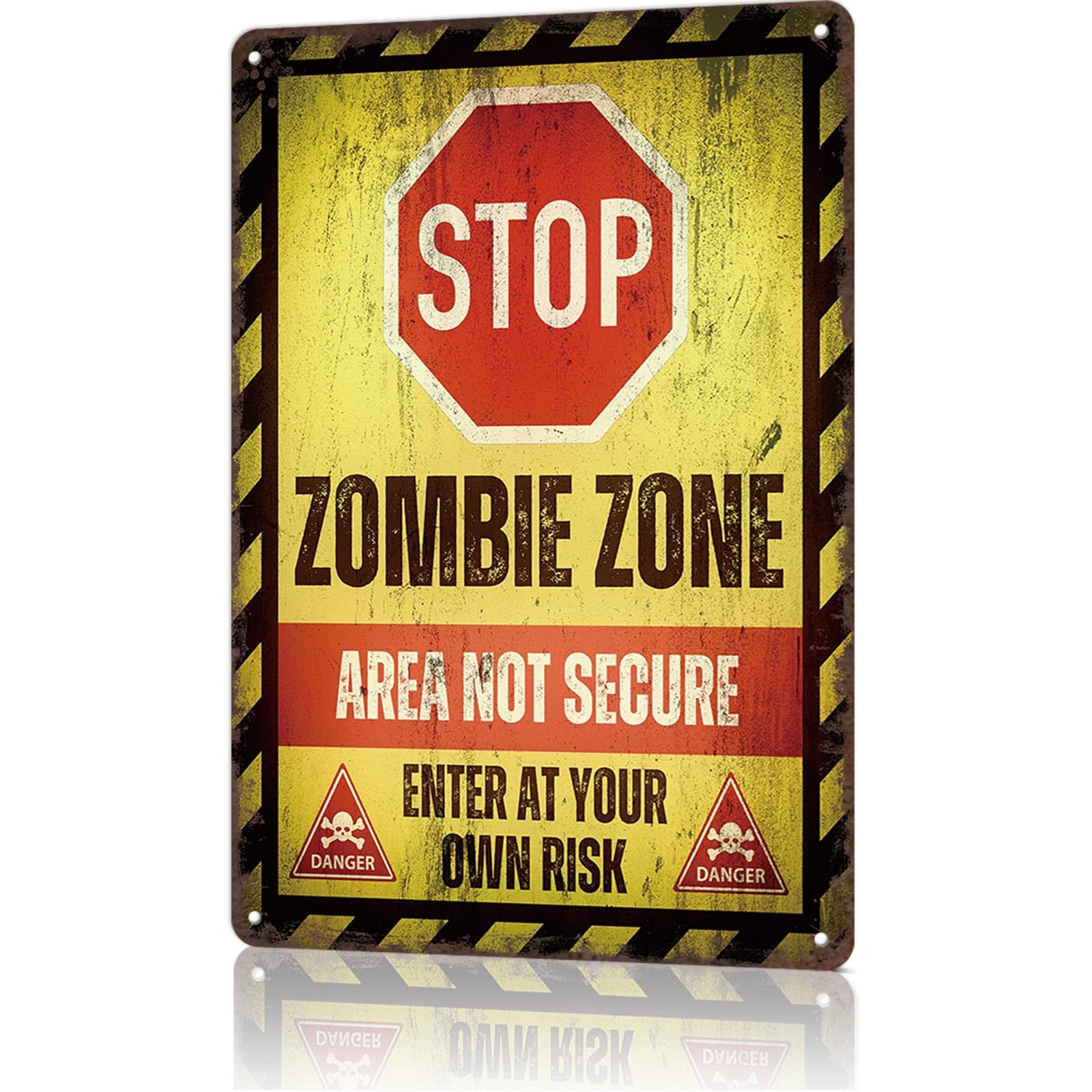 KWQDOZF Vintage Metal Signs Zombie Zone Warning Sign Funny Tin Sign Poster Wall Art For Home Room Bedroom Office Decor 8x12inch