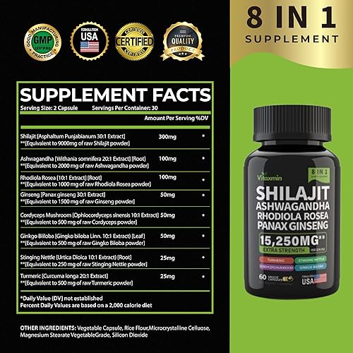 Miniatura 3 de Cápsulas de Shilajit y Ashwagandha, multivitamínico a base de hierbas 8 en 1 para hombres y mujeres, con Rhodiola Rosea, ginseng y ortiga, Shilajit