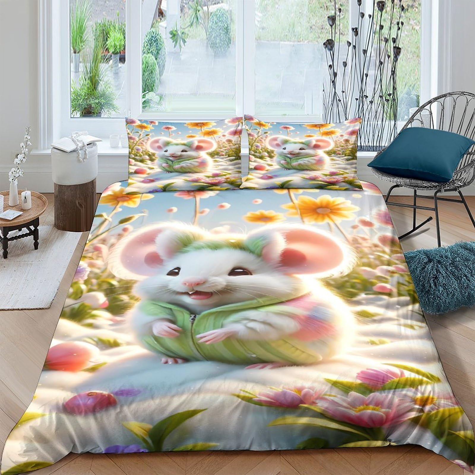 Ctjqhvkz Style-10 3D Printed Cute Mouse Fitted Sheet Microfiber Pastel Floral Mattress Cover For Bedroom Dorm Bed Protection Easy Care Single（135X200cm）