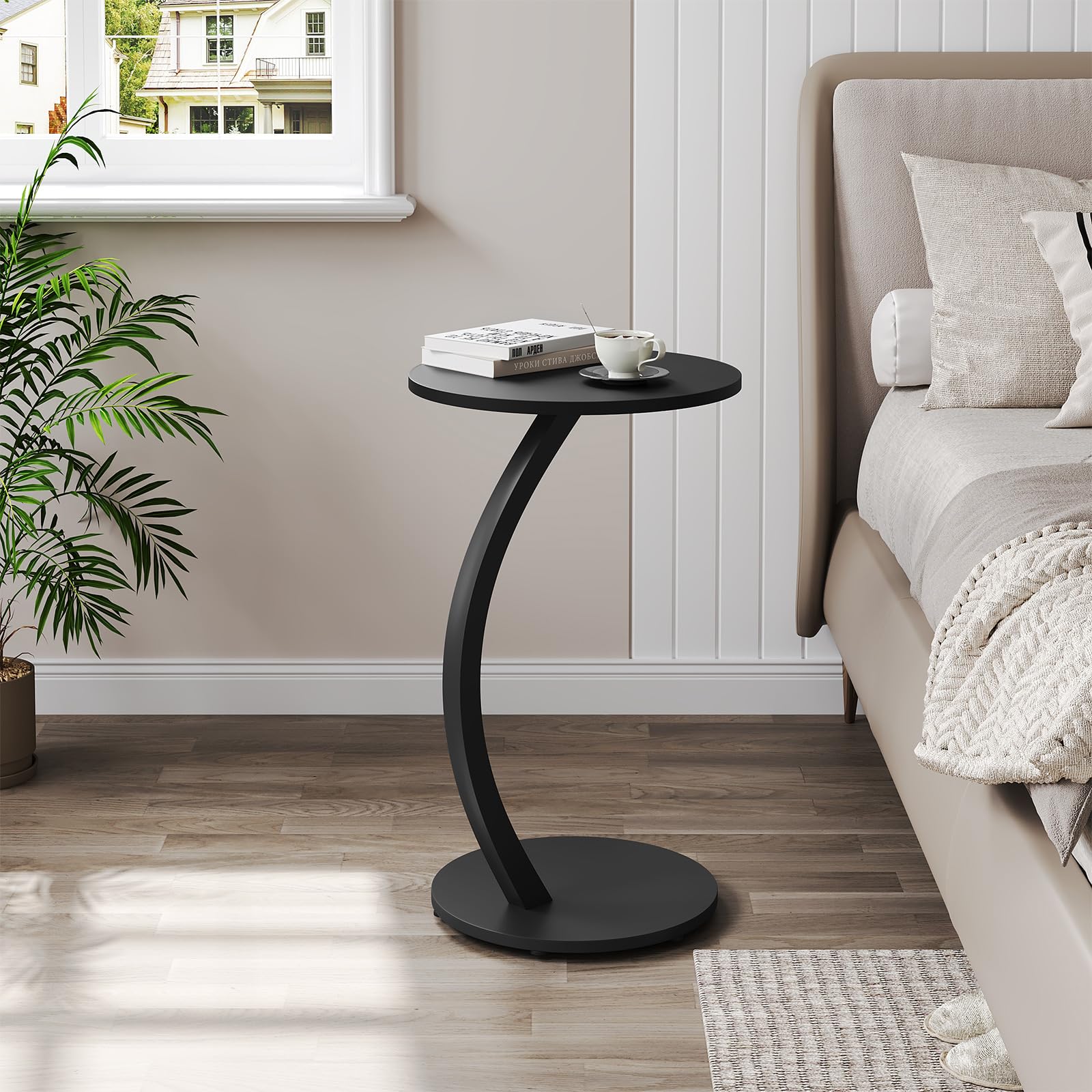 WOLTU Tavolino Rotondo a Forma di C, Tavolino per Divano Letto, con Struttura in Metallo Piano in MDF, φ40xH65 cm, Nero, BTS21sz