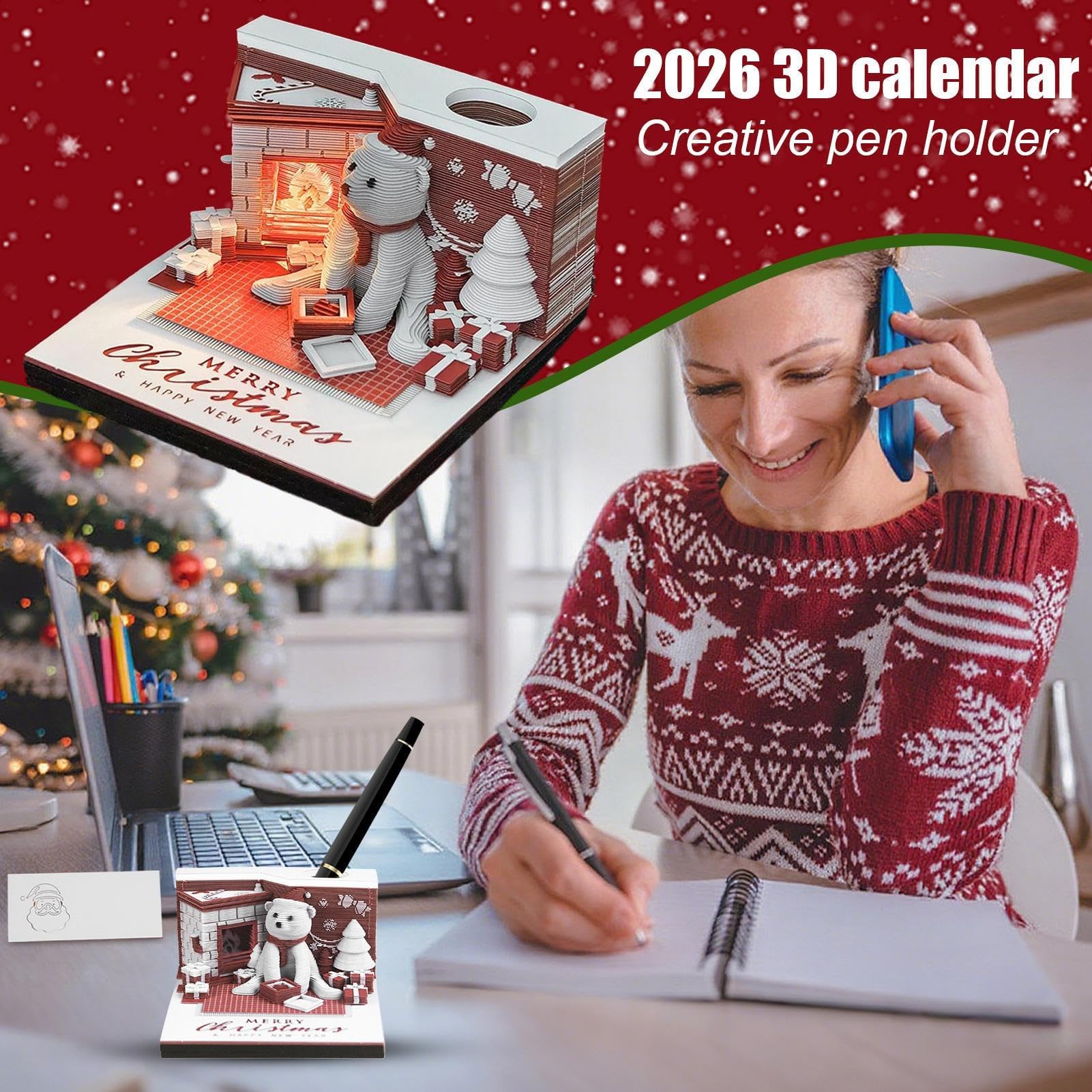 Calendario 2026-3D Calendario natalizio con orsetto di carta, scultura artistica 2026, accessori da scrivania, decorazione natalizia per pianificare famiglia, ufficio, casa, scuola
