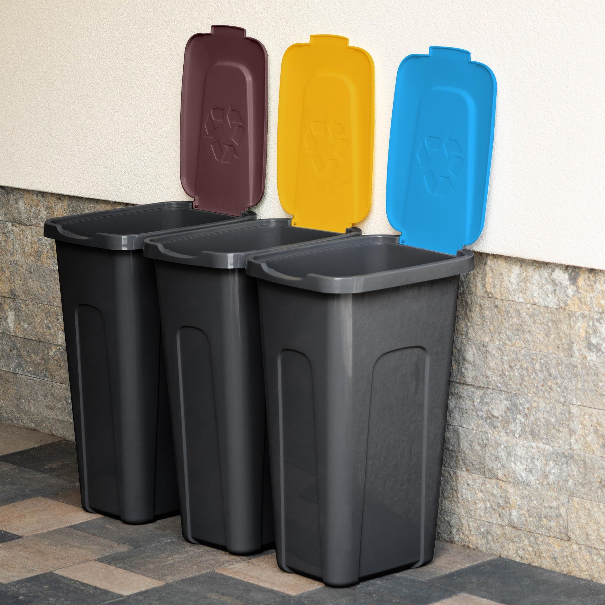 KADAX Juego de cubos de basura de 3 x 30 l, juego de cubos de basura para sistema de reciclaje, cubo de basura de plástico con tapa abatible (3, marrón, amarillo y azul)
