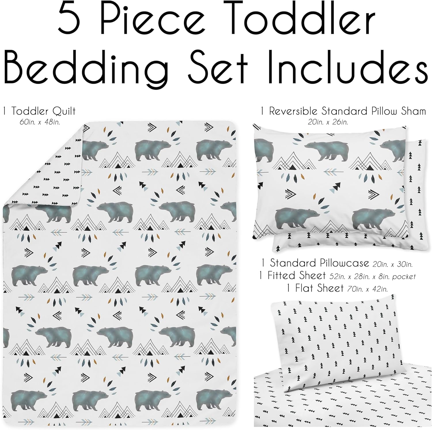 Sweet Jojo Designs Bear Mountain Watercolor Boy Toddler Kid Childrens Bedding Set 5 Pieces Comforter, Sham and Sheets