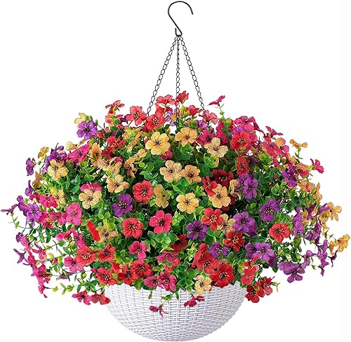 HyeFlora Plantas Artificiales Colgantes de Imitación Canasta de Flores para Exteriores Decoración de Primavera y Verano, Seda Falsa Resistente a