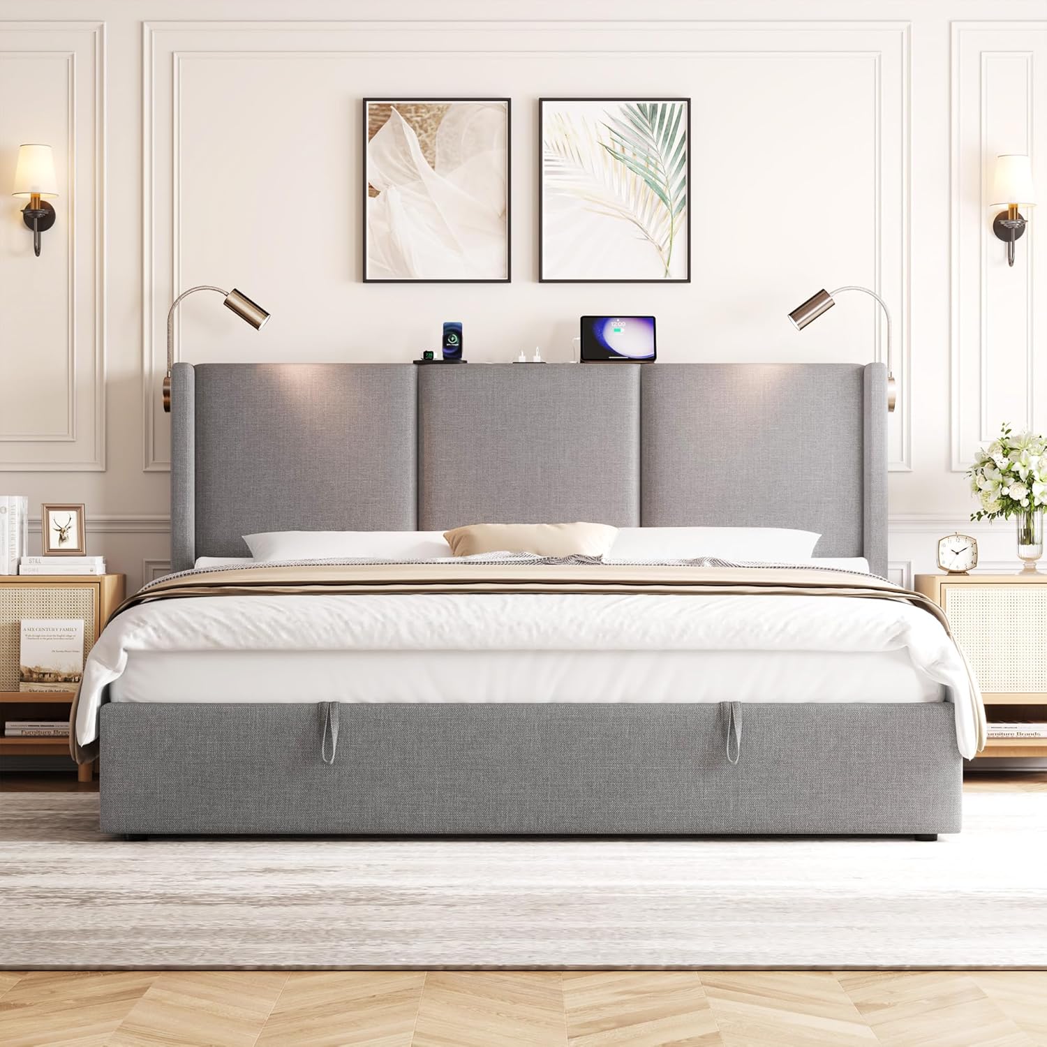 Bed frame with wooden slats installed