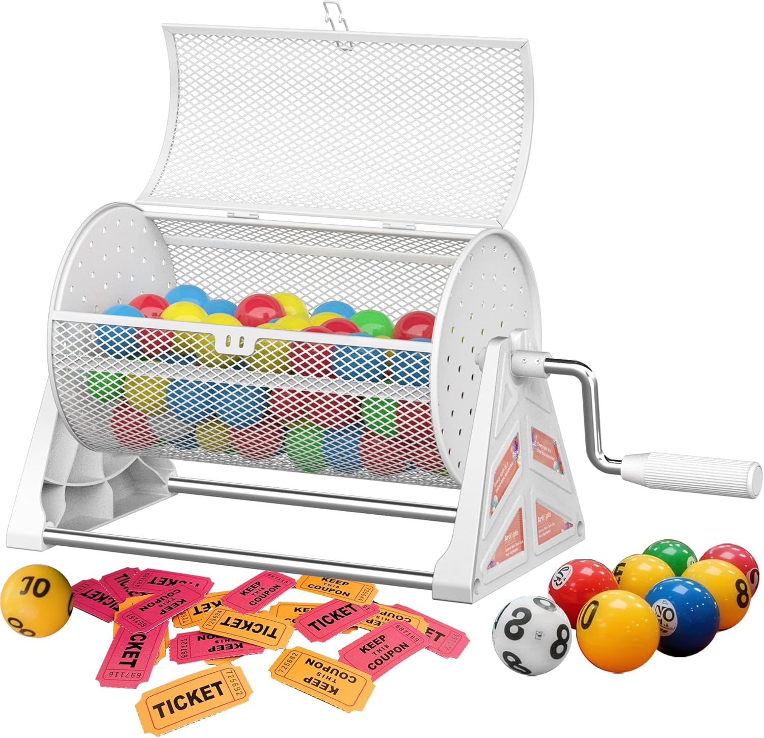 Raffle Drum, 12 * 7-Inch Raffle Ticket Spinner Drum with Detachable Tripod Base, Durable Portable Ticket/Ball Spinning Drum for Games, Events, and Parties (White)