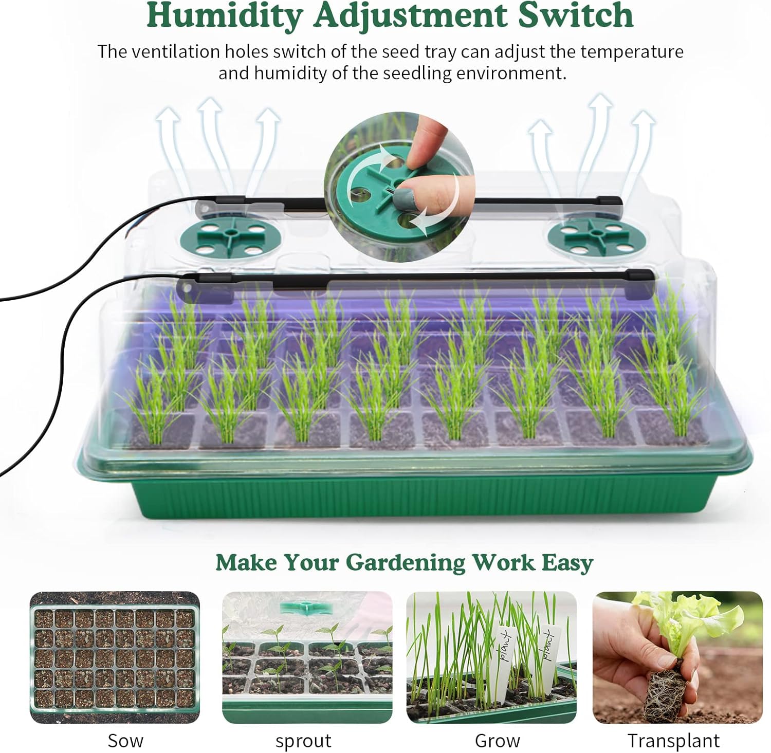 MQUPIN 80 Cells Seed Starter Tray with Grow Light,2 Pack Seedling Starter Kit,Adjustable Humidity Plant Starter Set with Dome and Base for Seeds Growing Starting : Patio, Lawn & Garden