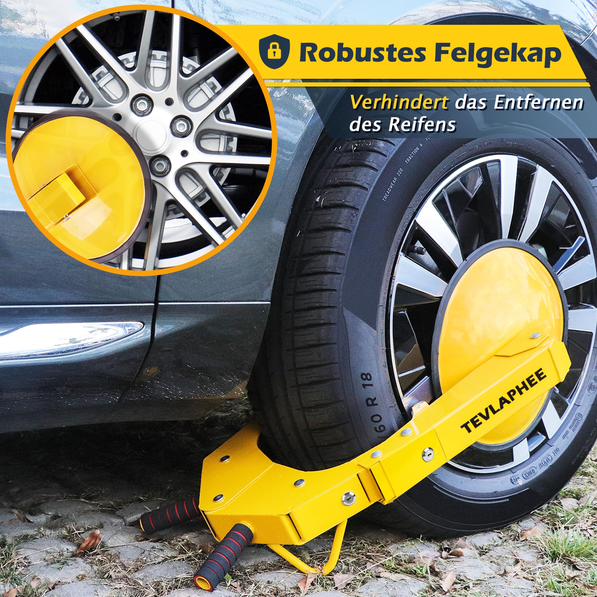 Tevlaphee Radschloss, Autokralle, Reifenschloss, Anti-Diebstahl, Anhänger-Radkralle, Schloss, Parkkralle für Autos, Lkw, SUVs, Camper, Boote Gelb