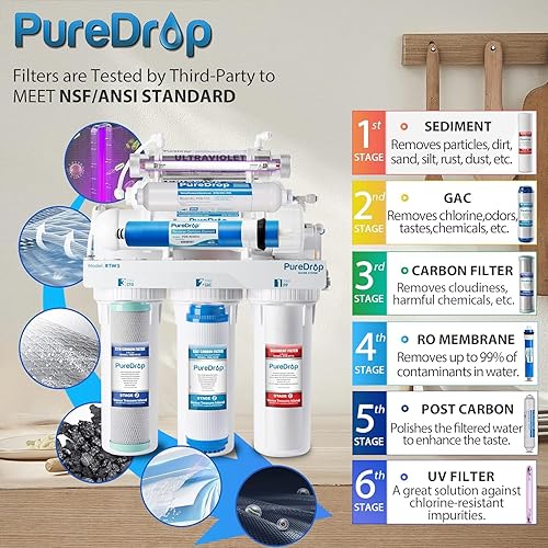 Miniatura 2 de PureDrop RTW5U Sistema de filtración de agua de ósmosis inversa con filtro UV sistema de filtro de agua UV RO debajo del fregadero 6 etapas debajo