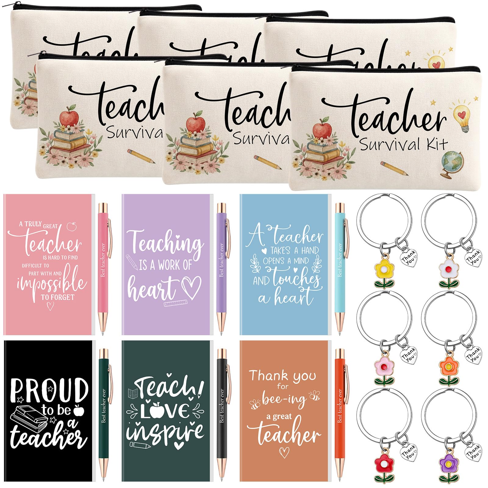 Nezyo 6 Sets Teacher Appreciation Gift Bulk Thank You Gift for Women Men Include Inspirational Notebook Ballpoint Pens Makeup Bags Thank You Keyring for Teacher Day