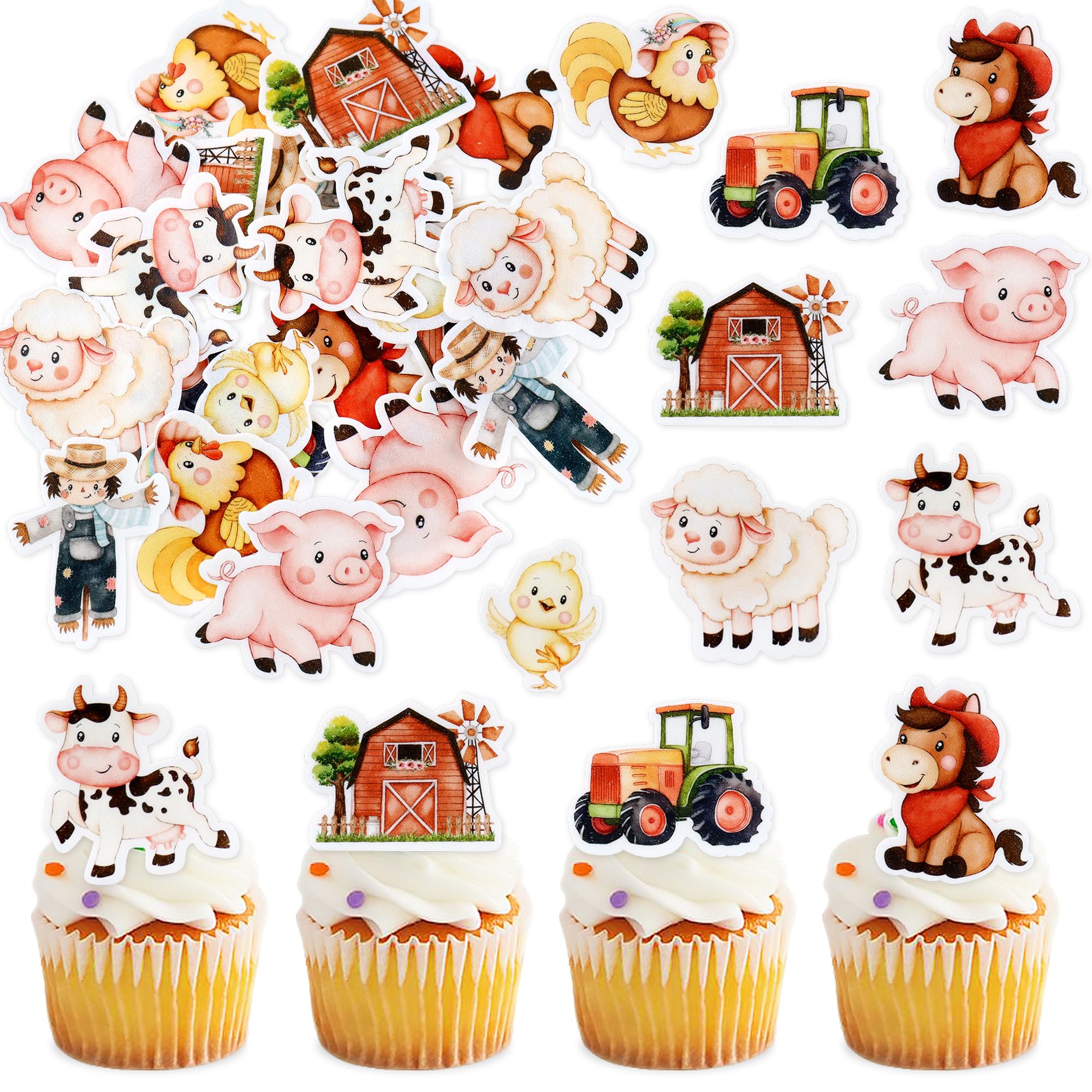 45Pcs Edible Farm Theme Cupcake Toppers Wafer Paper Animal Cartoon Tractor Barnyard Cupcake Toppers Drink Topper Dessert Muffin Cake Picks Cake