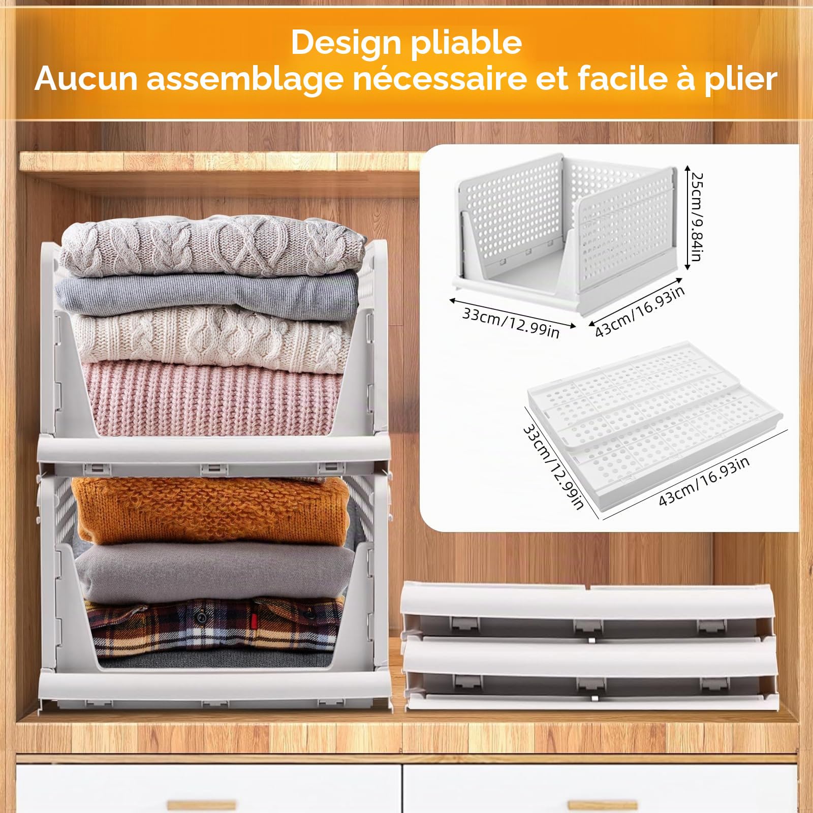 Organisateur de Rangement pour Armoire, Lot de 4 Grands Paniers Empilables - 43 x 33,5 x 25 cm, Bacs de Rangement en Plastique pour Placard, Maison, Bureau, Linge, Vêtements, Jouets, Cuisine