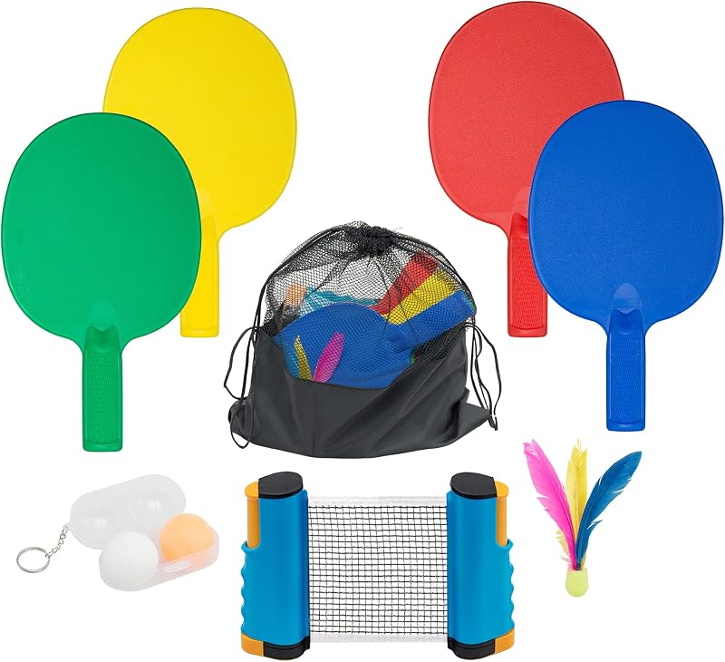 Palas de ping pong portátiles de plástico, juego de 4 palas de tenis de mesa con red de ping pong retráctil, 2 pelotas de ping pong con 1 pajarito. Perfecto para juegos de oficina, césped y playa para adultos y familias.