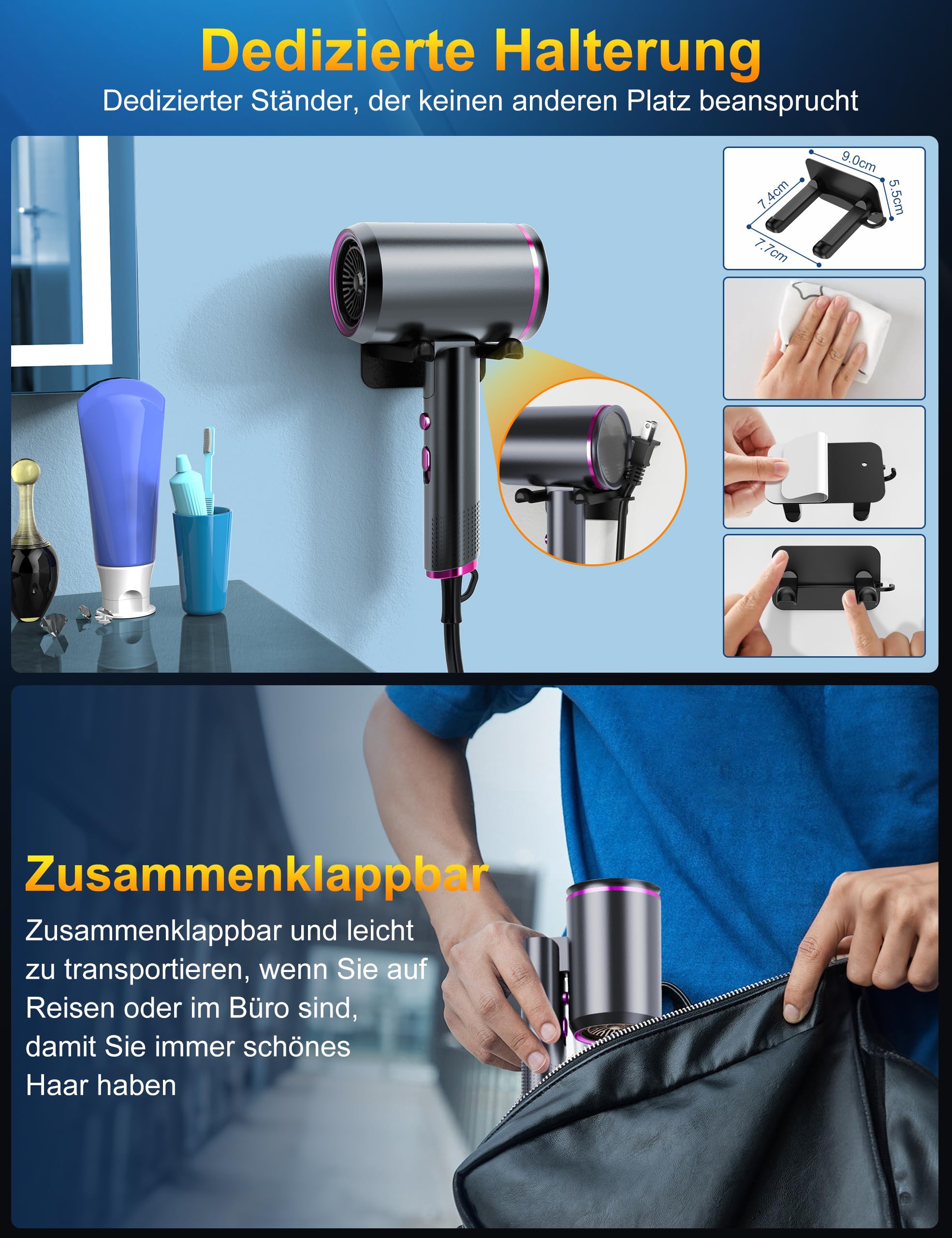 Föhn AC Motor 2400W Klappbar Ionen Haartrockner,Profi Fön Reisefön mit Heiß-/Kalttaste, 3 Heiz, Schnelltrocknen Hair Dryer,Salon Haarföhn mit Diffusor & Aufbewahrungstasche (Gräulich violett)