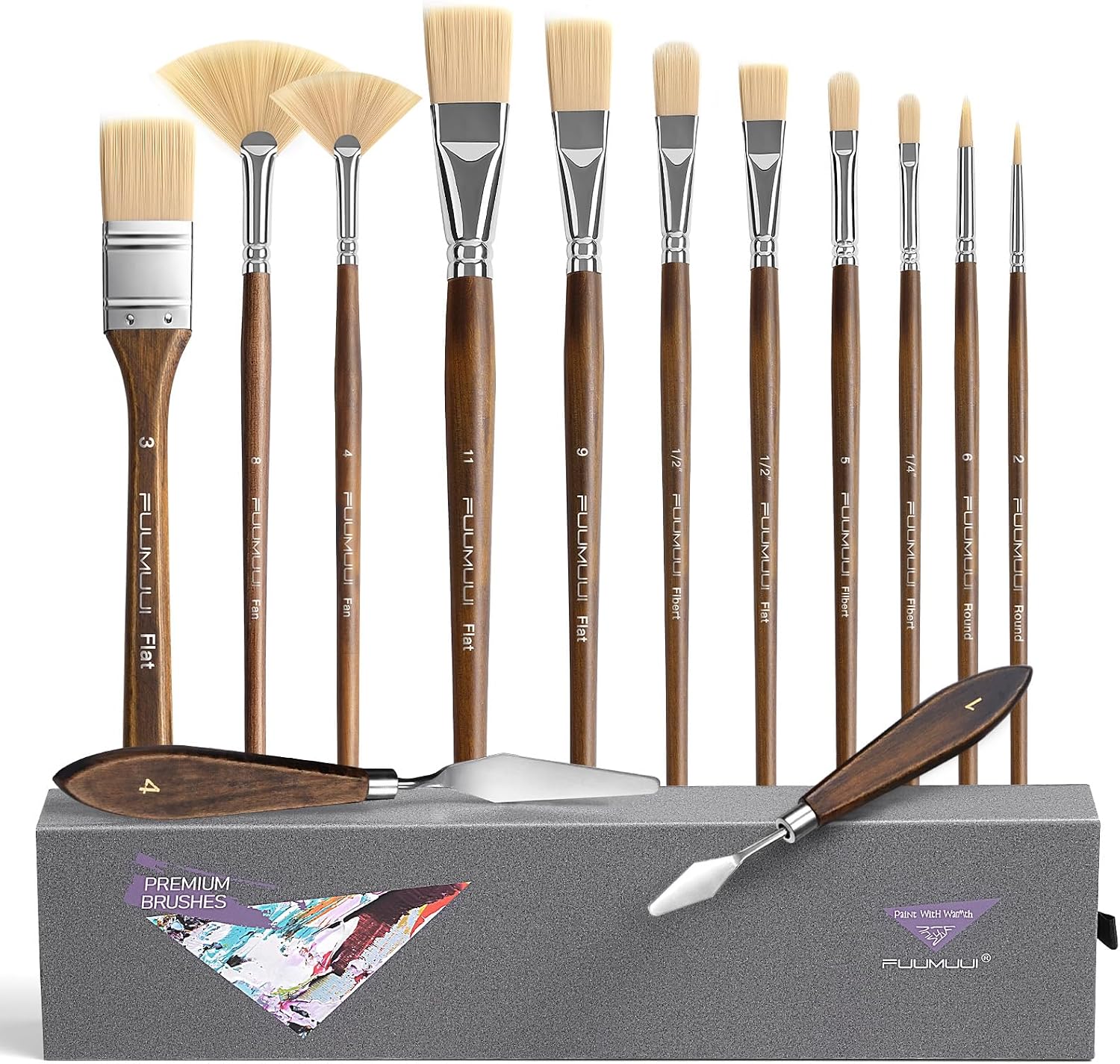 Fuumuui Oil Paint Brush Set, Synthetic Hog Hair Brushes Long Handle Hard Nylon Oil Paint Brush Professional 11 Pcs Brushes with 2Pcs Palette Knives Kit for Artists Beginners Oil Acrylic Painting