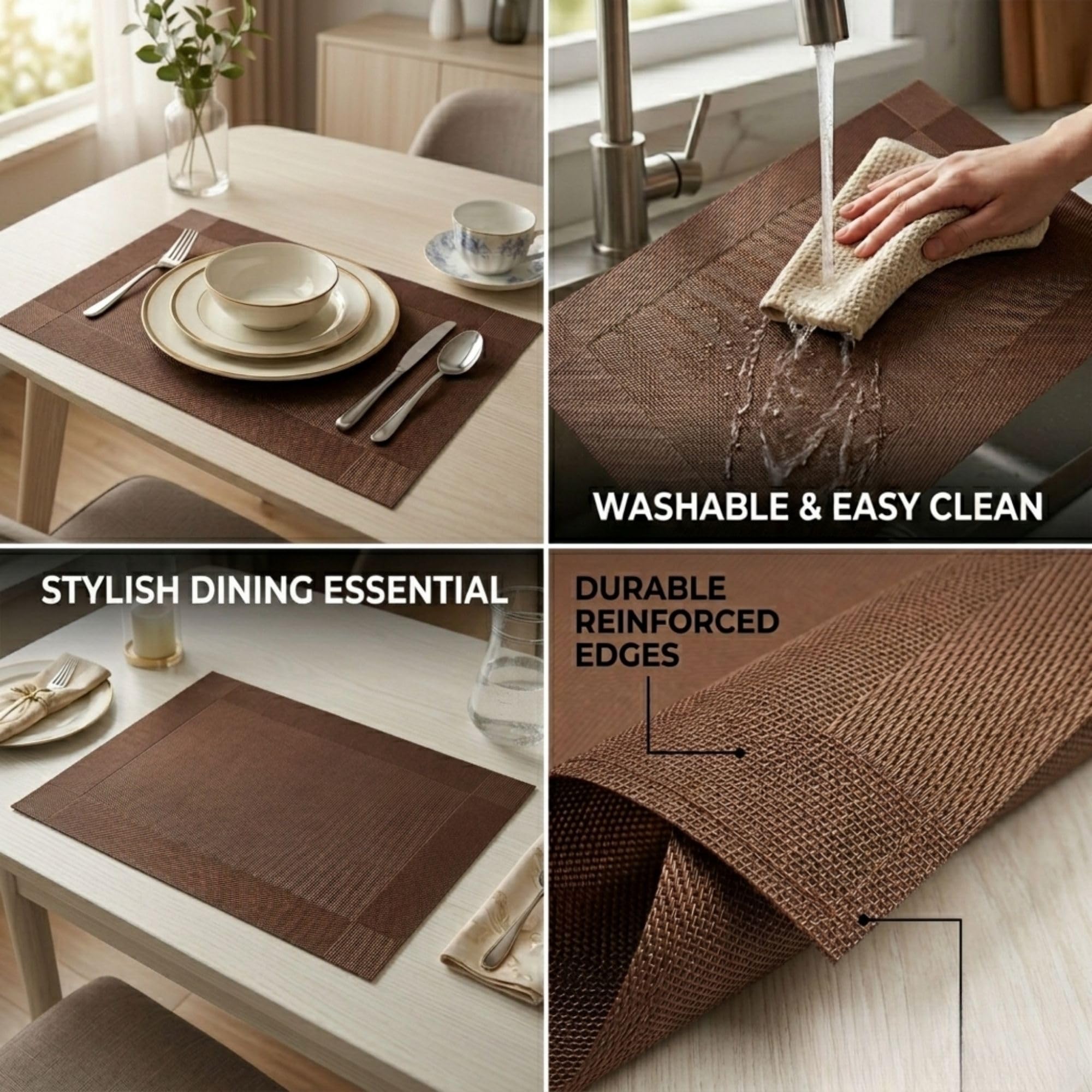 Ramkuwar Home Restaurant Use Heat Resistant Woven Decorative PVC Placemats Set of 6 Non-Slip Washable Vinyl Dining Table Mats for Kitchen, Coffee Table and Dining Room (Brown) 3