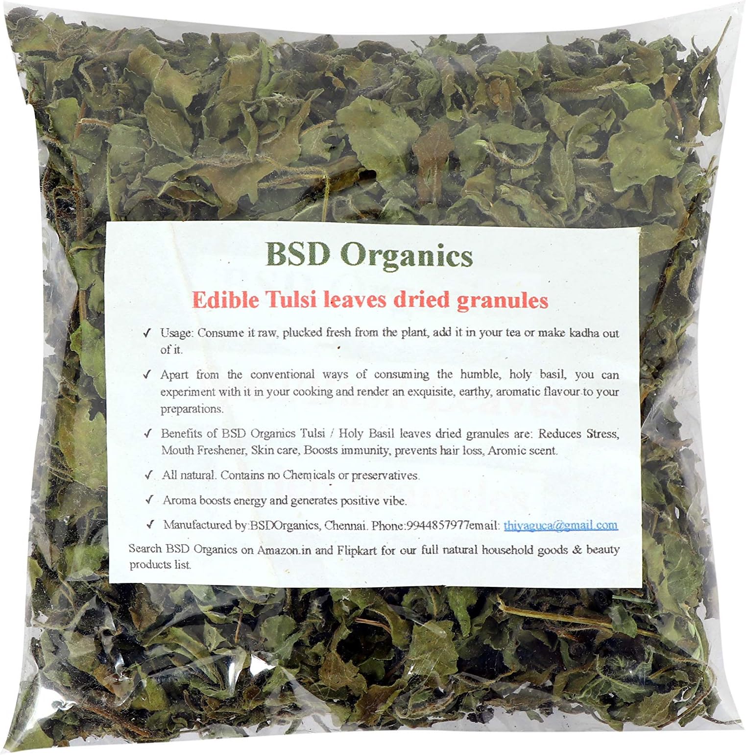 BSD Organics Edible Tulsi leaves dried granules for tea, smoothie & more - 100 gms