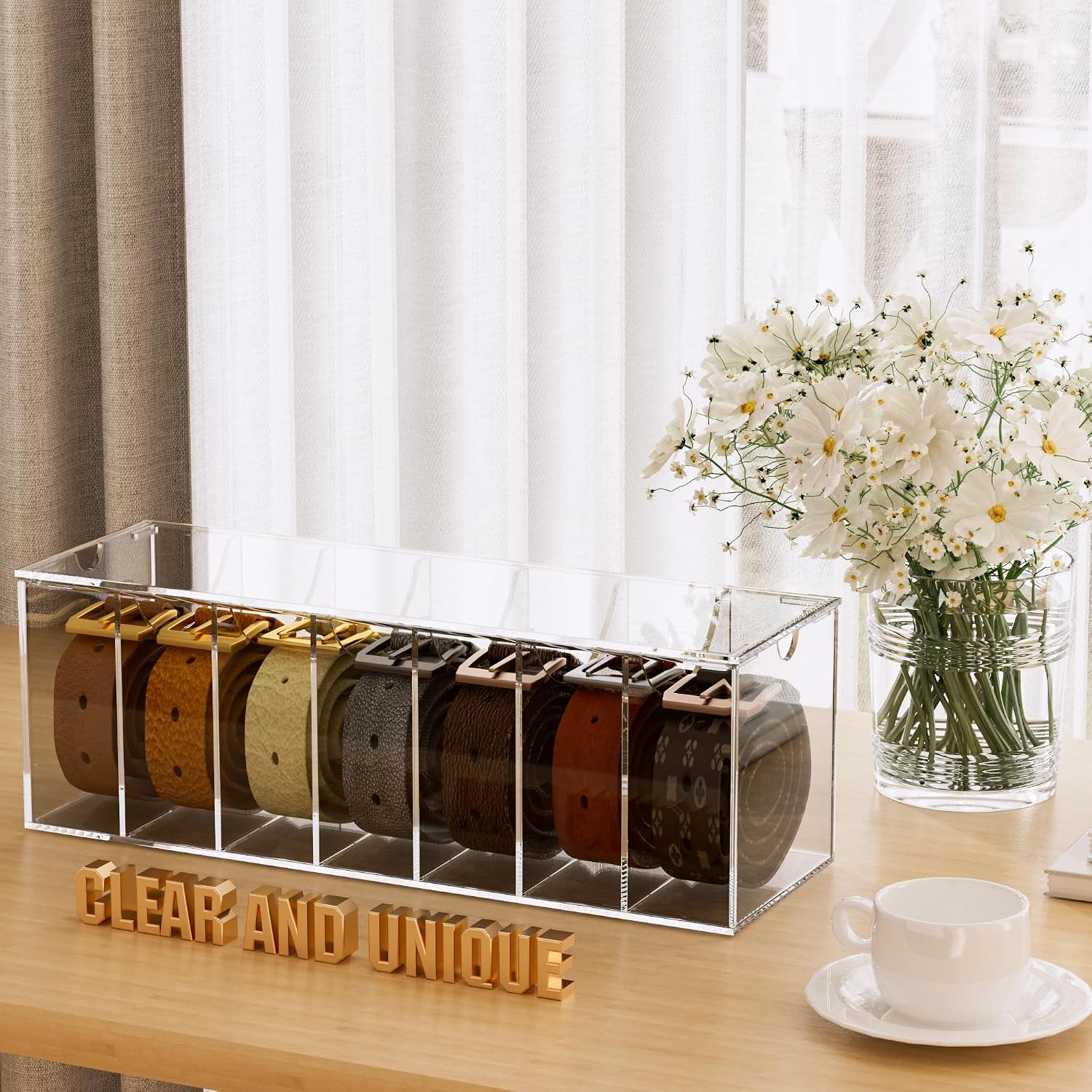 Acrylic Belt Organizer, Clear 7 Compartments with Dust Cover, Belt Storage Holder for Closet, Tie & Bow Tie Display