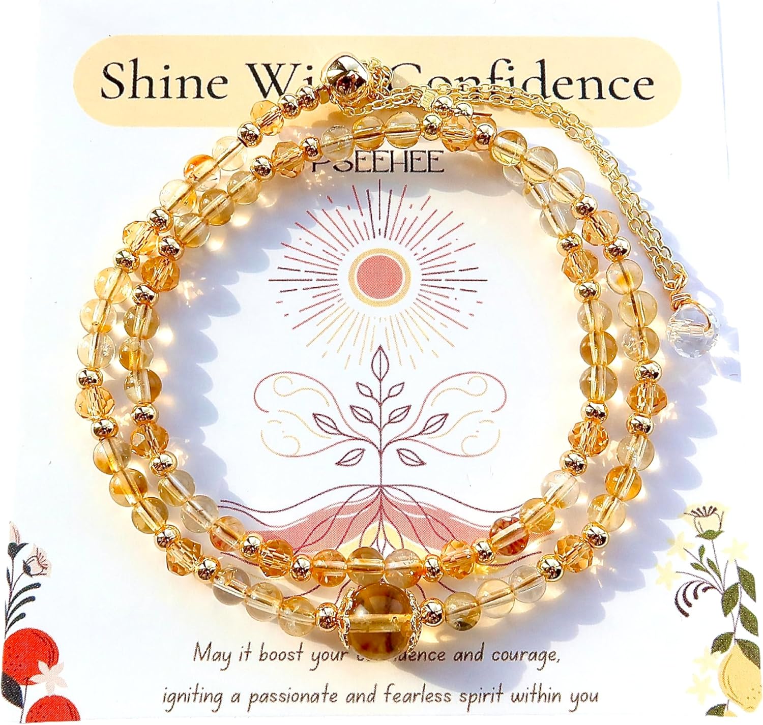 Handmade Genuine Citrine Crystal Beads Double Layered 14k Gold Filled Wire Bracelet, Birthstone Chakra Healing Gemstone Crystal Adjustable Bangle Cuff Jewelry Gift for Women