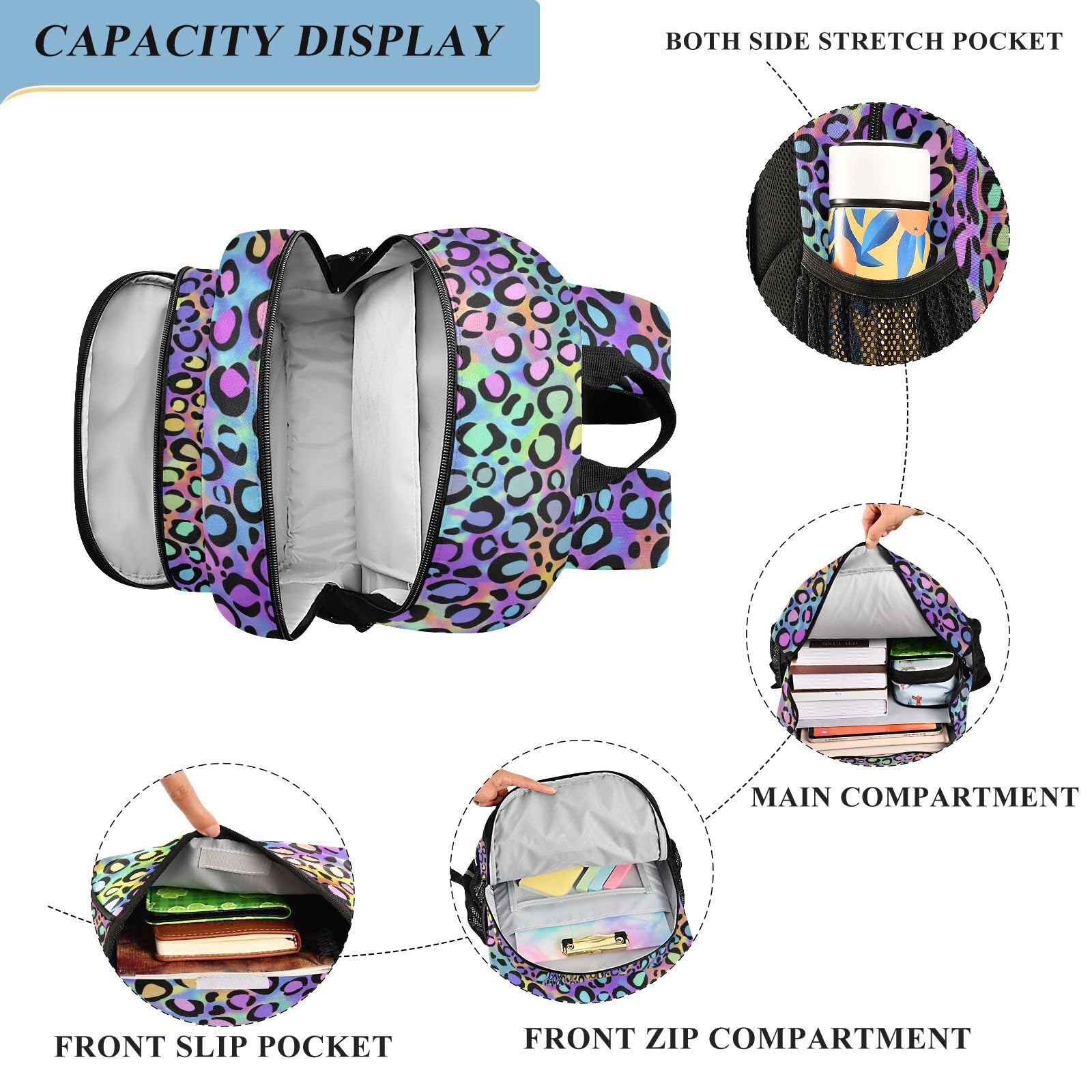 ALAZA Mochilas escolares de leopardo arcoíris, bolsa de viaje para laptop, bolsa de libros para niñas, niños, adolescentes, mujeres y hombres, Rainbow Leopard, 12.9 x 5.1 x 17.7inch, Mochilas Daypack