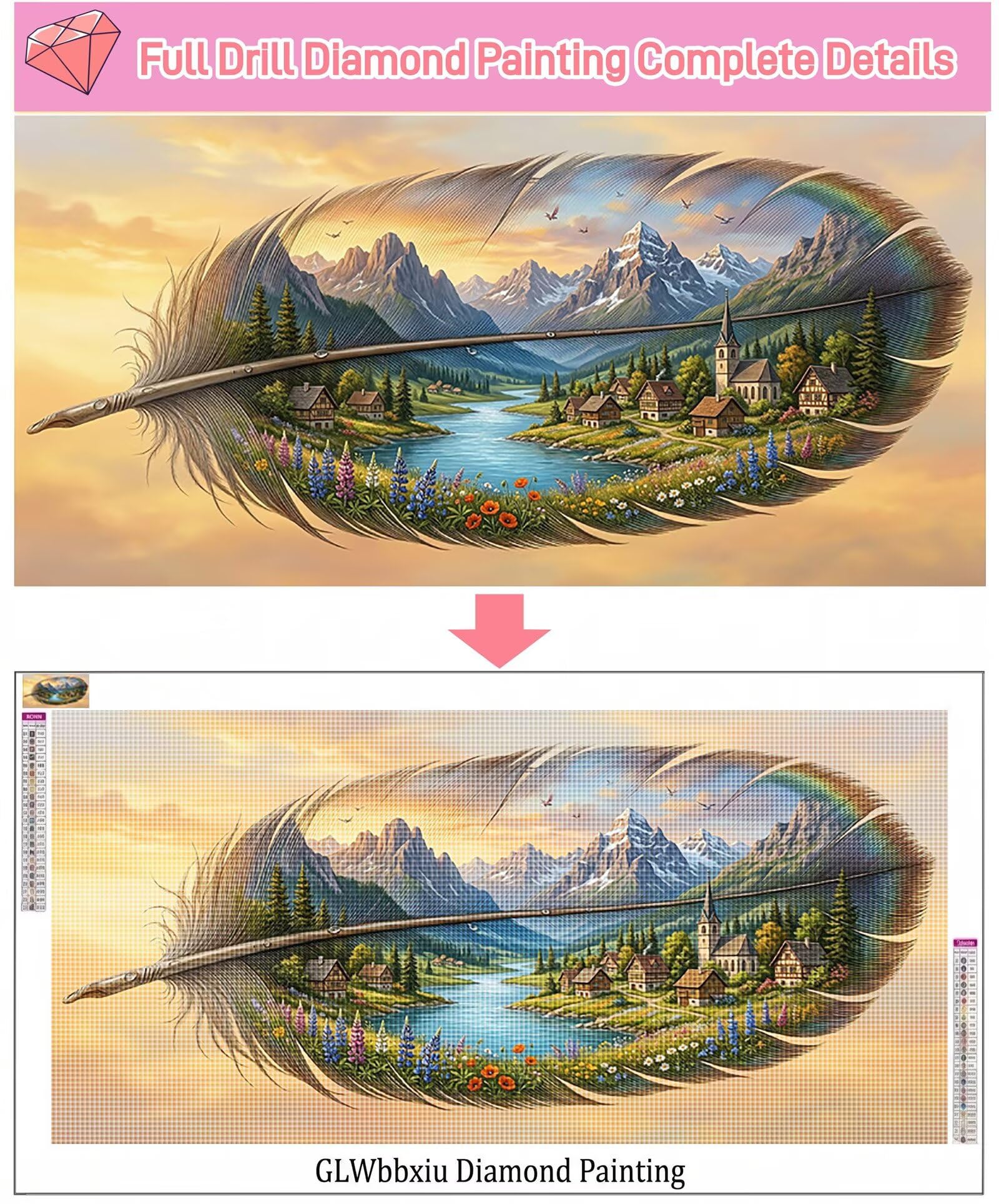 Diamond Painting Feder Diamond Painting Erwachsene Groß XXL Landschaft, 5D Full Eckige Steine Drill Diamanten Malen Nach Zahlen, DIY Set Kreativ Set für Erwachsene Home Decor Wanddeko 60x120cm,Cod-838