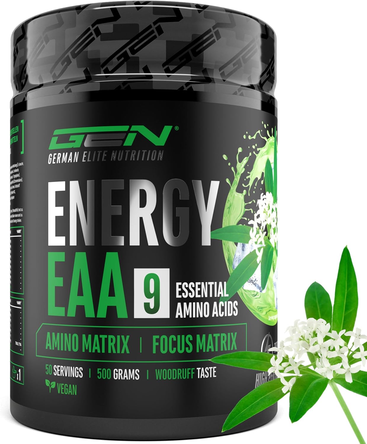 EAA Energy Mix – 500 g – Amino Matrix + Focus Matrix – Suikervrije Energiedrankjes – Met Cafeïne, Taurine, Guarana, N-Acetyl-L-Tyrosine – Pre Workout Booster – Veganistisch (500 g, Waldmeester)
