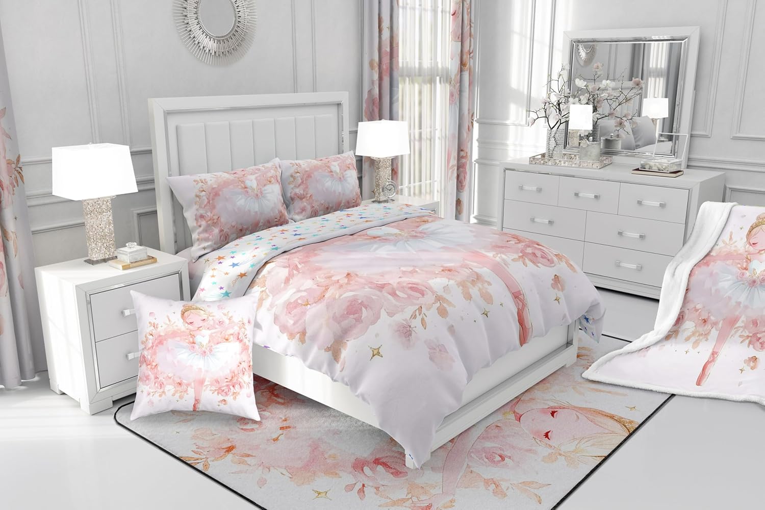 Erosebridal 100% Cotton Little Ballet Girls Duvet Cover,Princess Comforter Cover Twin,Pink Ballerina Bed Set for Kids Teens,Luxury Dancer Little Girls Bedding Set,Cartoon Style Bedroom Decor