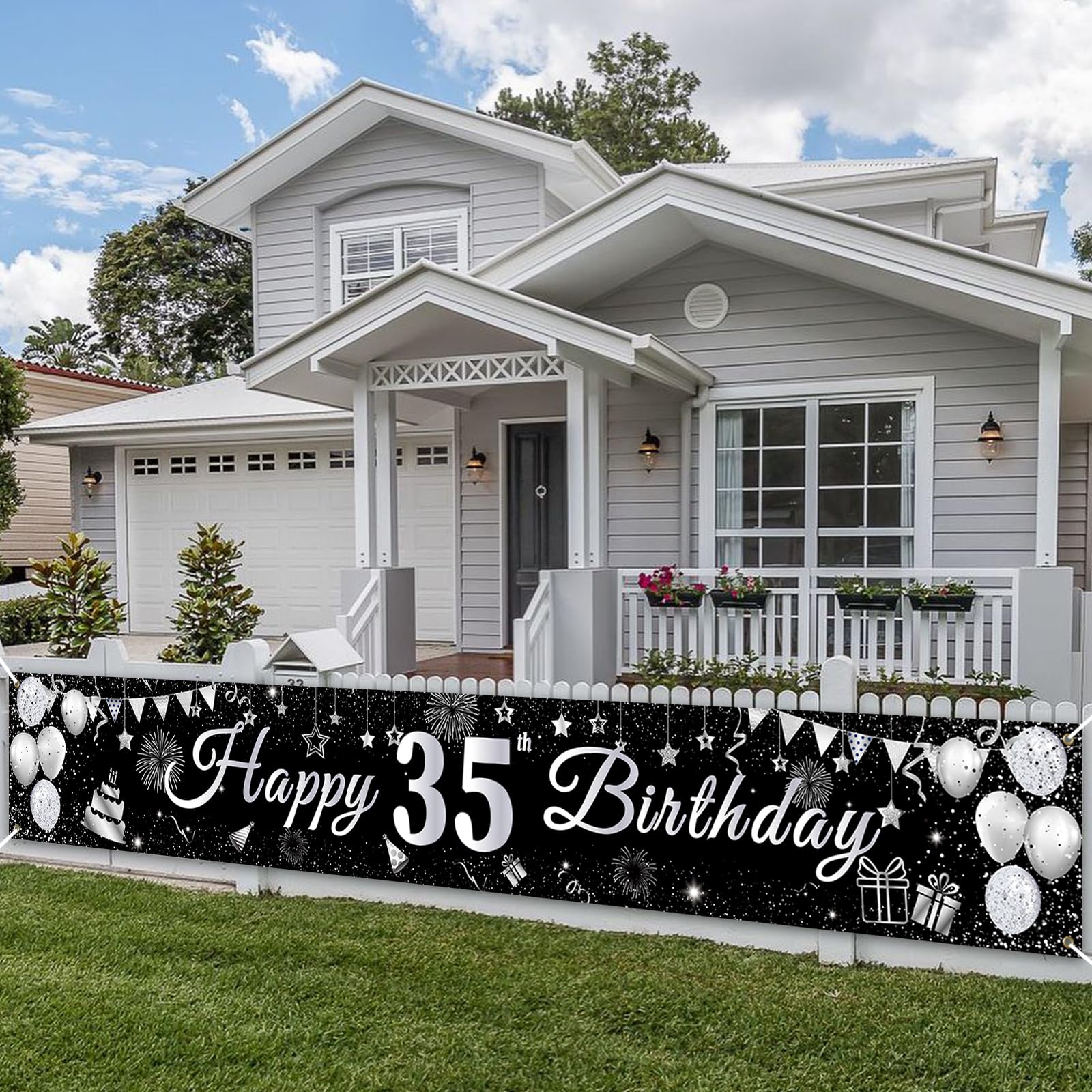 PartyYaa 35th Birthday Banner, Happy 35th Birthday Banner Decorations, Extra Large Party Photo Booth Long Background Decor Sign Poster for Men Women (Silver Black)