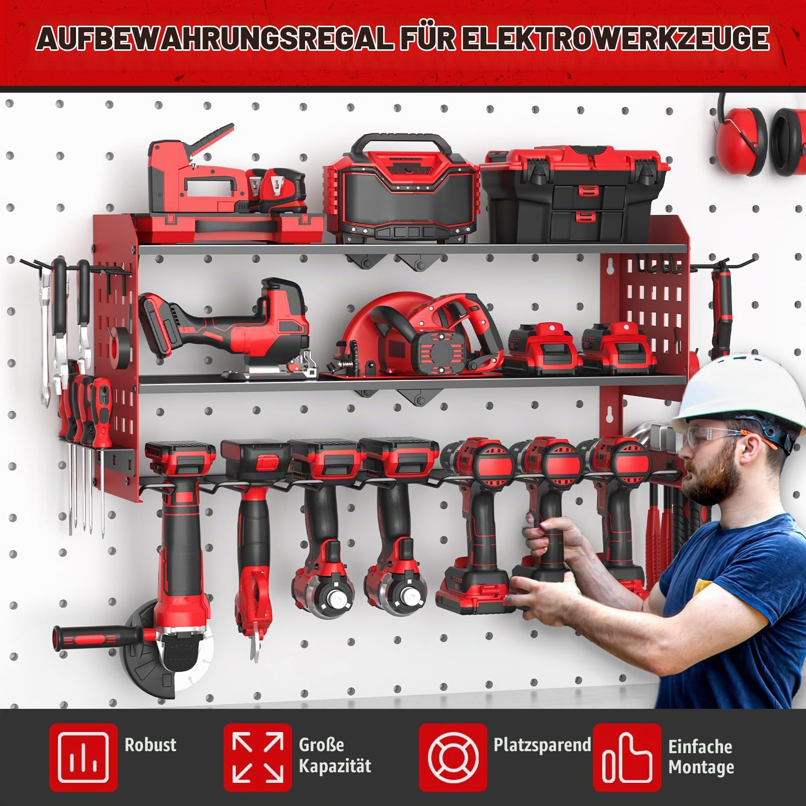 Yeabett 3 Ebenen Werkzeug Wandhalterung, Werkzeugspeicher Aufbewahrung für 7 Elektrowerkzeug, Werkzeug Wandhalterung für Garage, Werkstatt, 64 * 20 * 31cm (Rot)