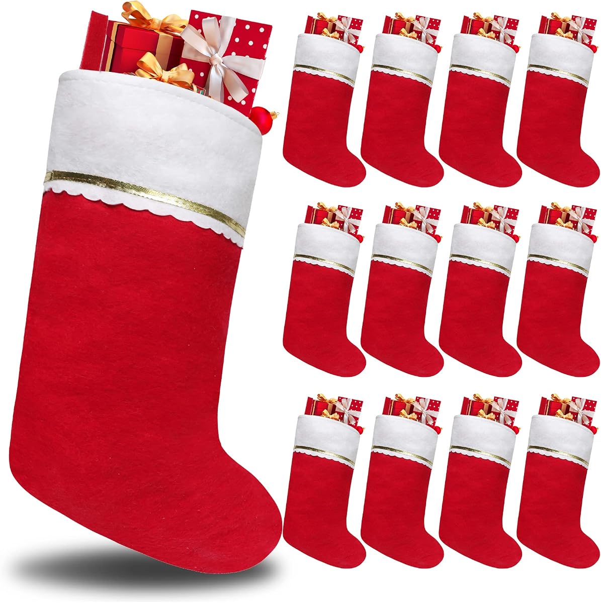 Paquete de 12 medias navideñas de fieltro, medias navideñas rojas y blancas de 19 pulgadas, adornos colgantes, puño blanco con adornos dorados, medias navideñas para decoraciones navideñas familiares