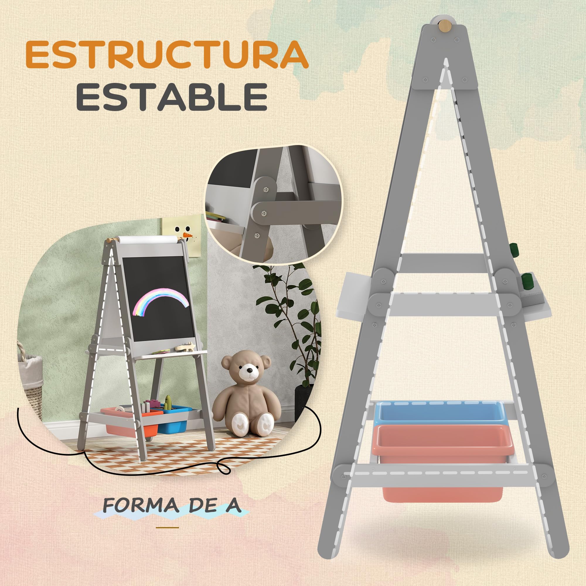 AIYAPLAY Pizarra Infantil Caballete de Pintura para Niños 3 en 1 Pizarra de Doble Cara con Borrador Rollo de Papel y Cajas de Almacenaje Gris