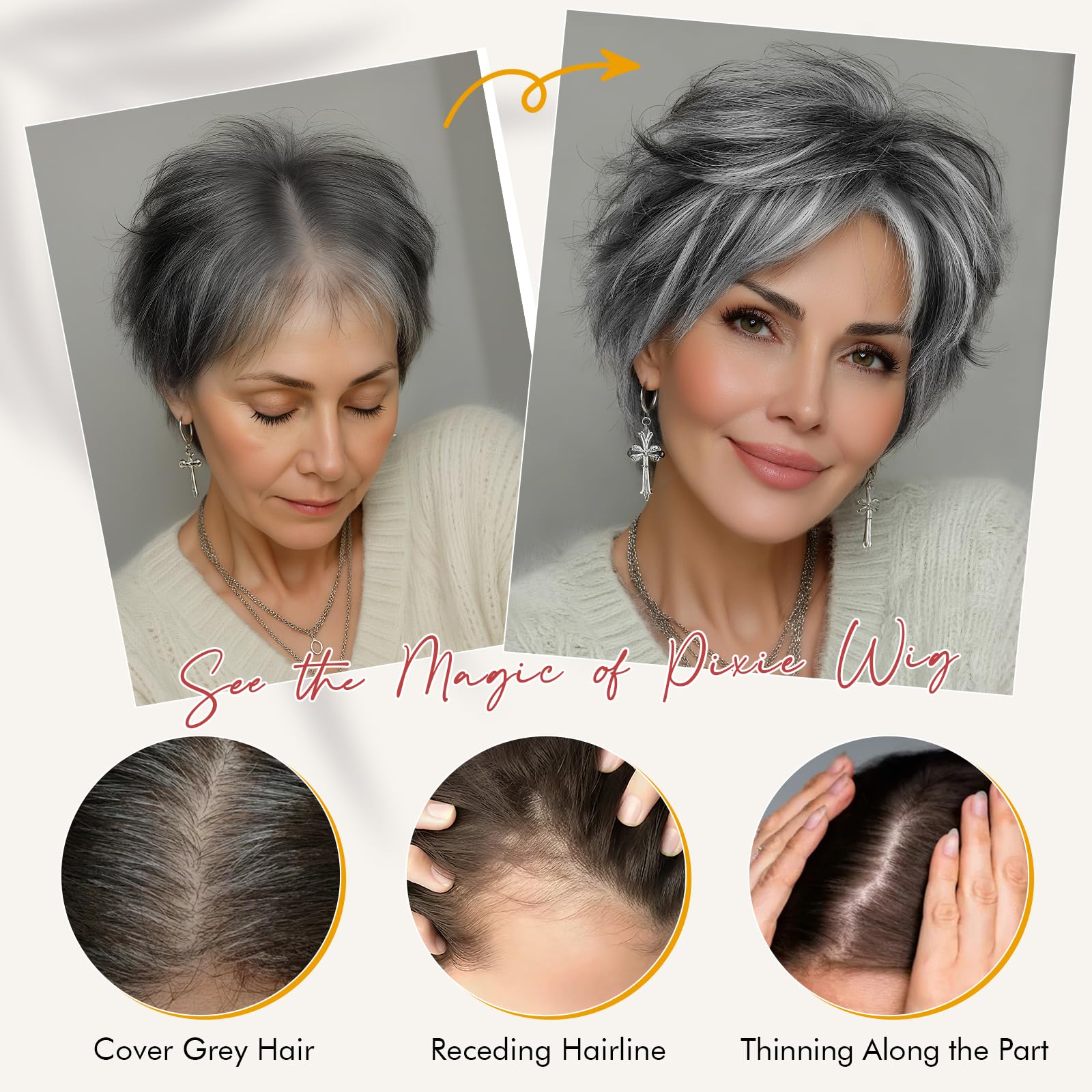 Sofeiyan Kurze Pixie-Cut-Perücke,Hitzebeständige und Natürlich Damen Perücken mit Pony,23 cm Grau Mehrschichtige Kunsthaarperücke,Geeignet für den Alltag und Partys