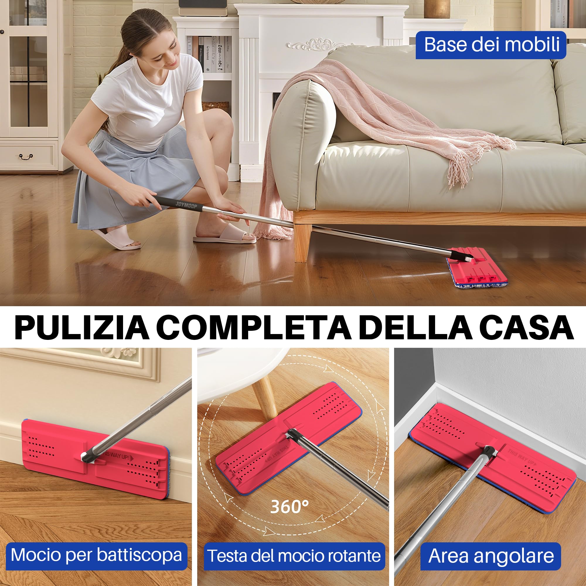 JOYMOOP set mocio lavapavimenti e secchio con strizzatore, 4 panni in microfibra lavabili, uso a secco e umido, sistema pulizia pavimenti - Nero + Rosso + Blu Ardesia