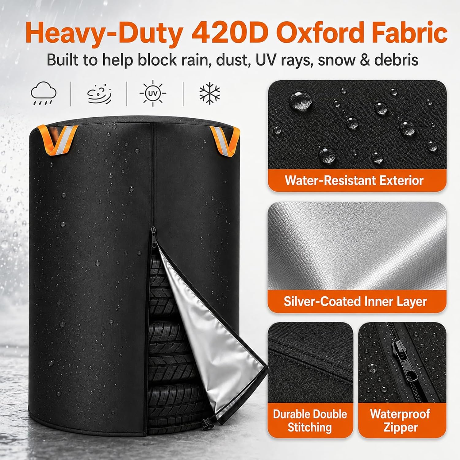 33 x 47 Inch Tire Storage Cover for 4 Stacked Tires, 420D with 4 Felt Pads | Fits 4 stacked tires up to 32.5"; waterproof 420D Oxford cover with zipper, reflective handles and 4 felt pads.