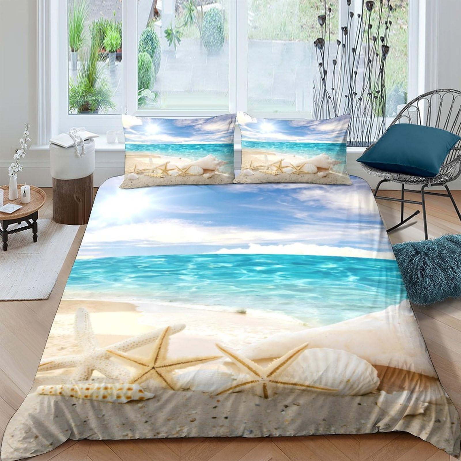 Ctjqhvkz Style-1 3D Printed Beach Sea View Fitted Sheet Microfiber Soft Sand Starfish Mattress Cover For Bedroom Dorm Mattress Decor Single（135X200cm）