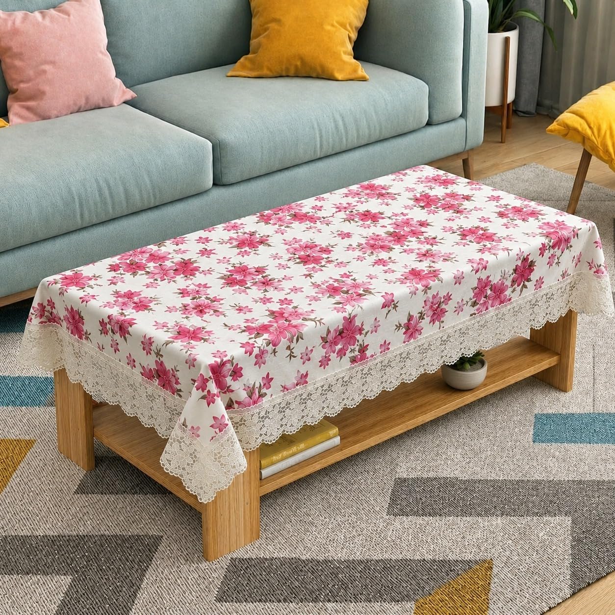 Floral Pattern Dining Table Cover with Lace Border, 40 x 60 inches, Waterproof PVC, White and Pink, Daily Use-image-24