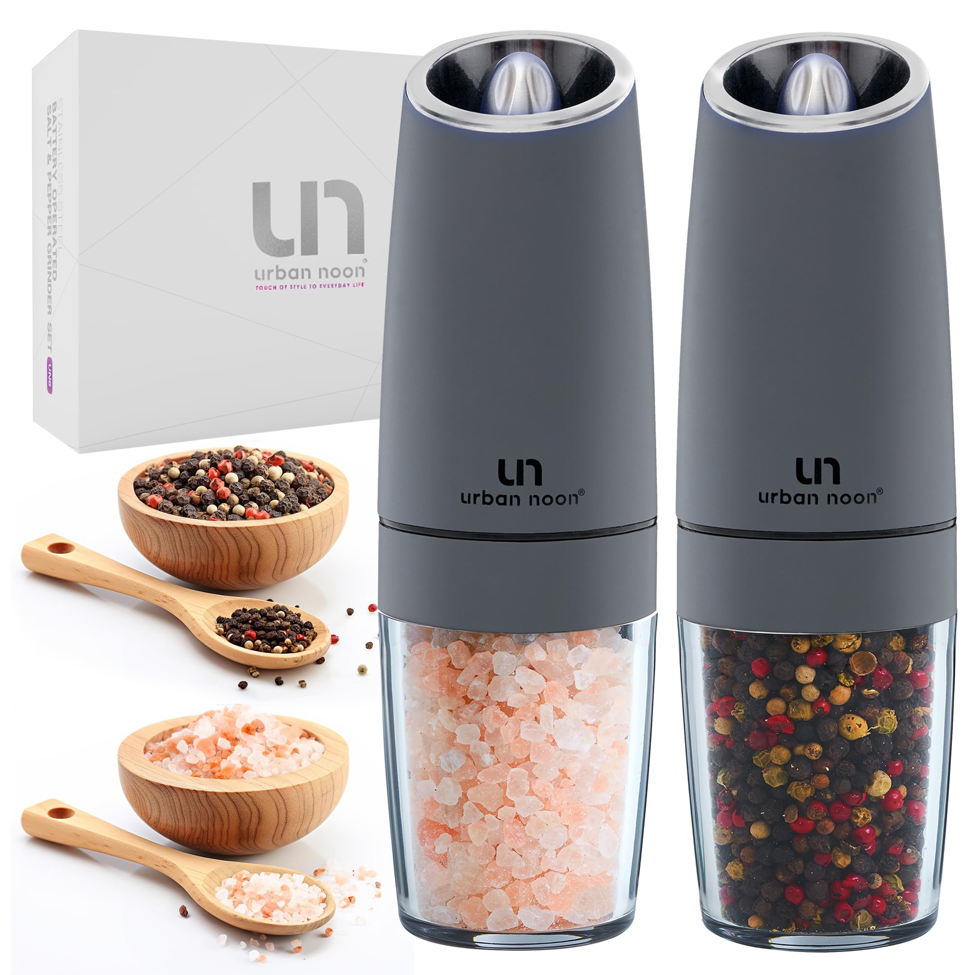 Set macina sale e pepe a gravità, a batteria, con luce (2 macinini grigio opaco), funzionamento automatico con una sola mano, shaker elettronico regolabile, macina in ceramica