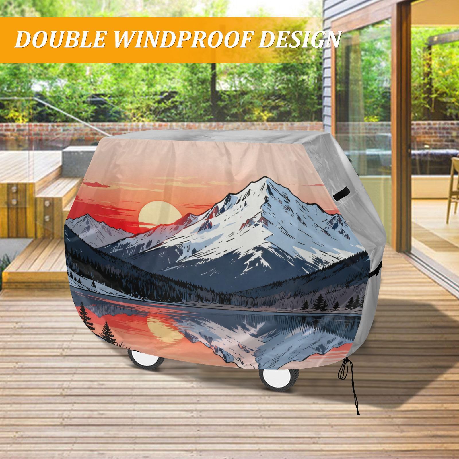 Mountain Sunset Lake, pokrowiec na grilla, 158 cm, wodoodporny, wytrzymały, odporny na rozdarcie, odporny na blaknięcie materiał, pokrowiec na grilla z regulowanym sznurkiem chroniący przed kurzem i
