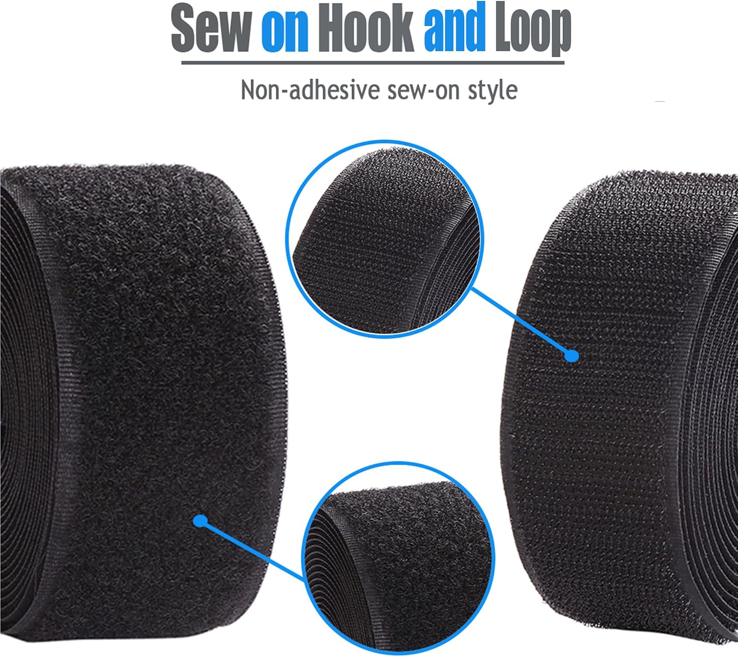 Sew on Hook and Loop Style 2 Inch Non-Adhesive Back Nylon Strips Fabric Fastener Non-Adhesive Interlocking Tape Black,5 Yard