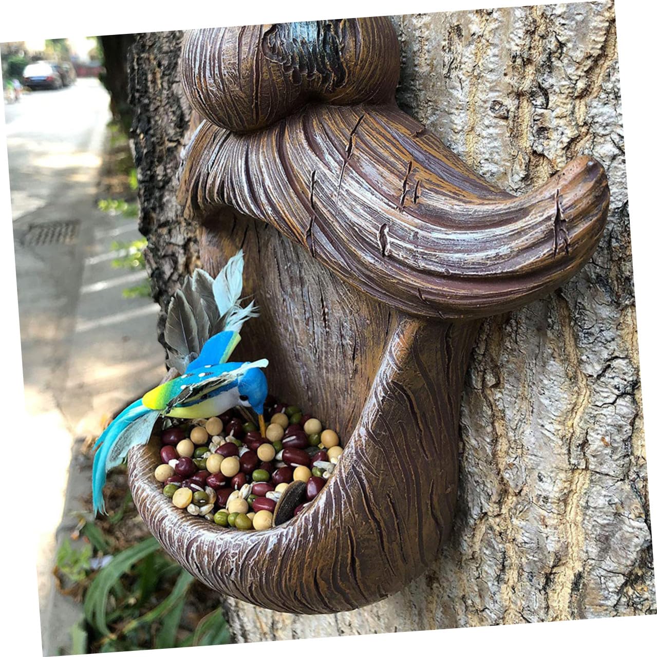Veemoon Mangiatoia per Uccelli da Esterno Tree Face Occhi Luminosi, Contenitore per Alimentazione Uccelli, Decorazione da Giardino per Cortile e Osservazione Natura