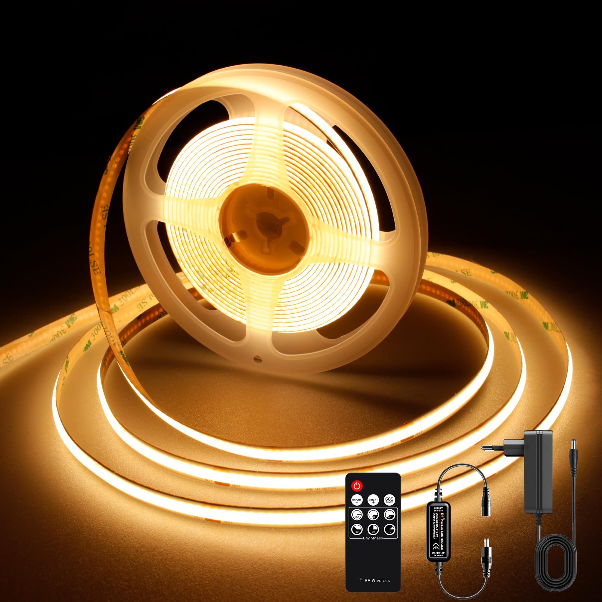 AXMOTUT LED Strip 3m, COB LED Streifen Warmweiss 2700K, LED Lichtband 24V 320LEDs/M, Dimmbar Led Streifen 3Meter mit RF Fernbedienung und Netzteil, CRI90 für Zuhause Partei deko, DIY Dekoration