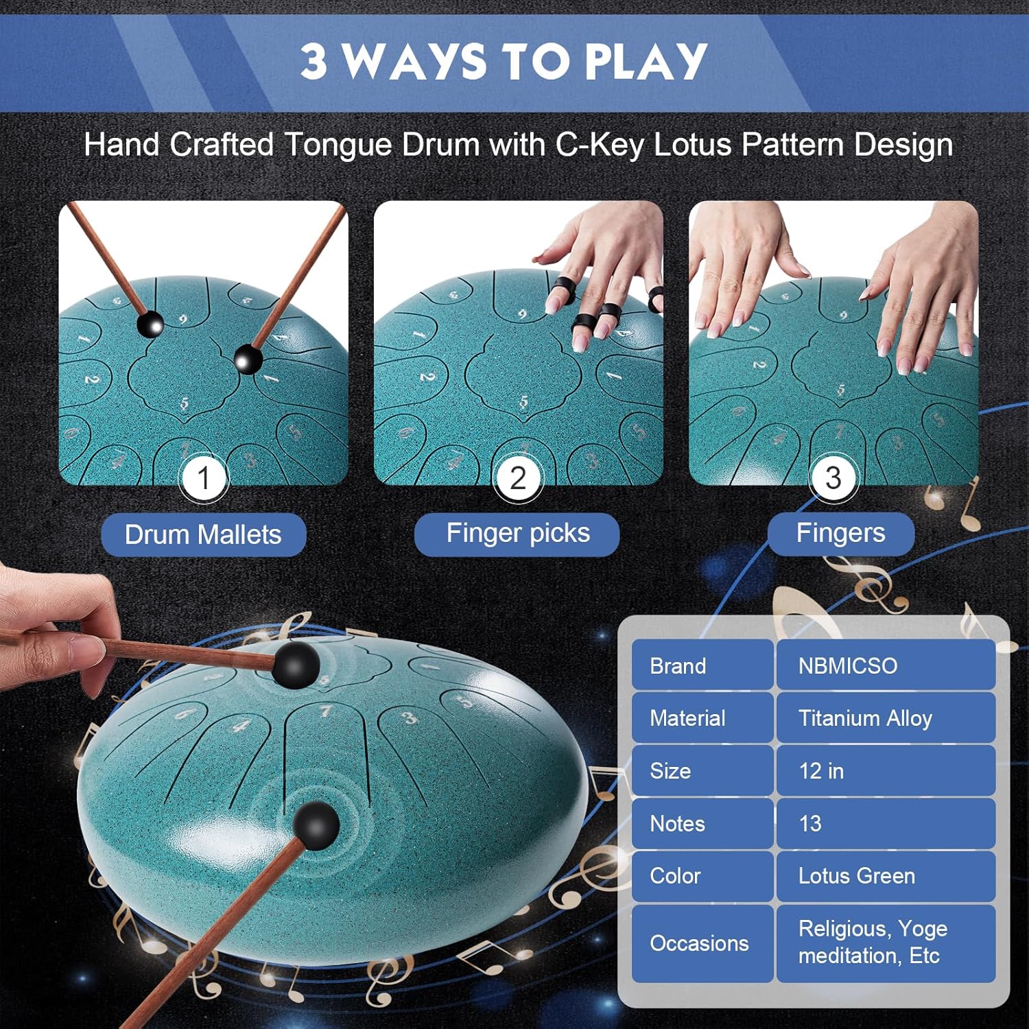 Steel Tongue Drum- 13 Note 12 Inches C-key Rain Drum Sound Healing Instruments - Handpan Drum for Meditation Entertainment Musical Education Concert Mind Healing Yoga (Malachite)