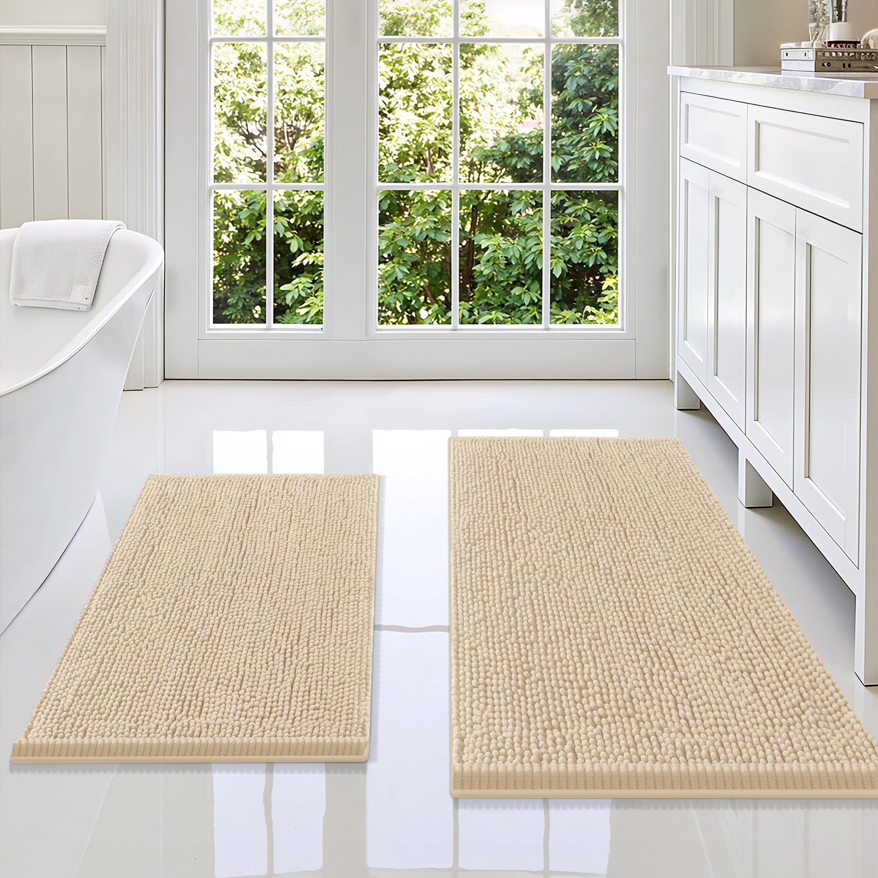 Smiry Chenille Bathroom Rugs Sets 2 Piece (36x24+30x20, Beige)
