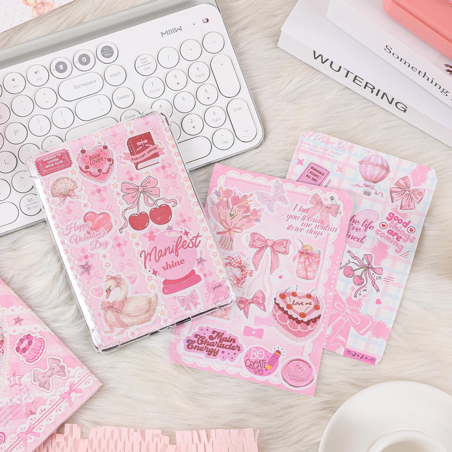 Inserts Cardstock for E-Reader, 20PCS 6.9"x4.8" Insert Cards & 159 Stickers for Clear Case, Aesthetic Kindle Paperwhite Accessories for Women, Pink Kindle Sleeve Decor, Journal & Scrapbook Supplies